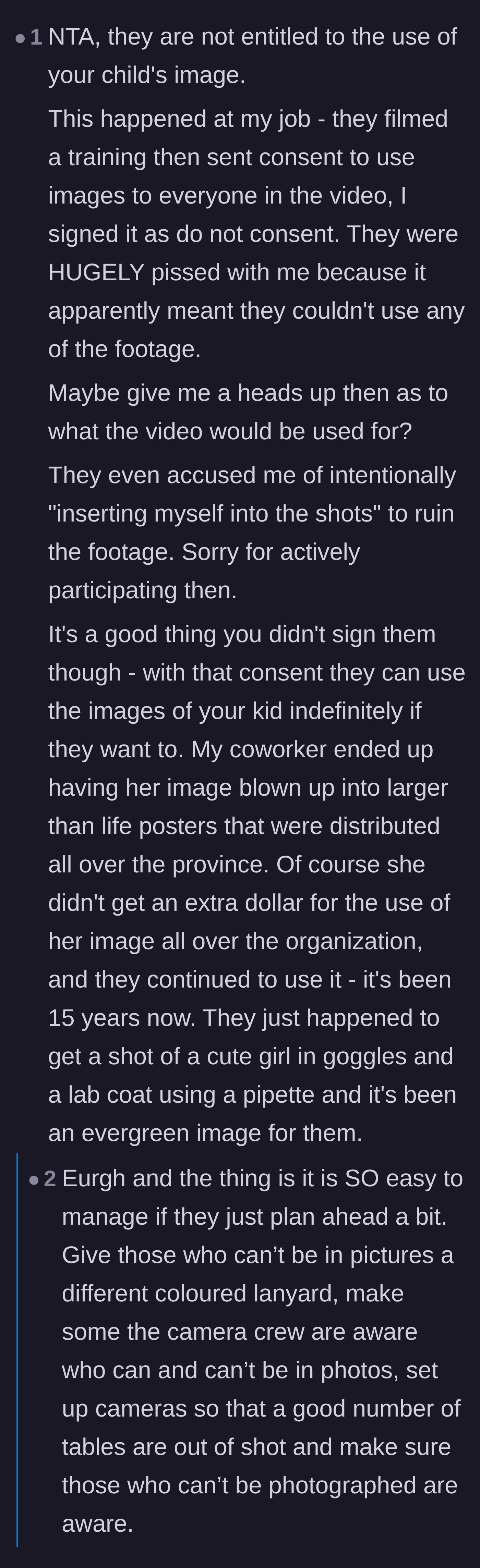 Comment thread 6 - A worker sharing their own horror story about an employer using a coworker's image on province-wide posters for fifteen years.