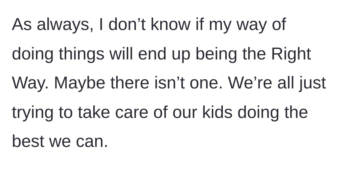 Story part 11 - A final reflection on the uncertainties of parenting and doing the best one can in impossible situations.