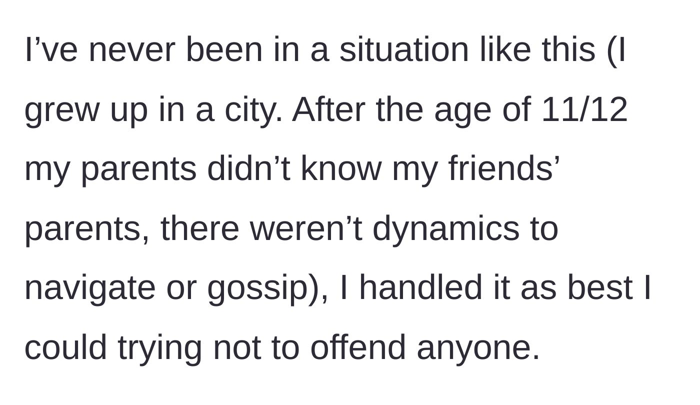 Story part 1 - The author explains her city upbringing and lack of experience with suburban parent gossip.
