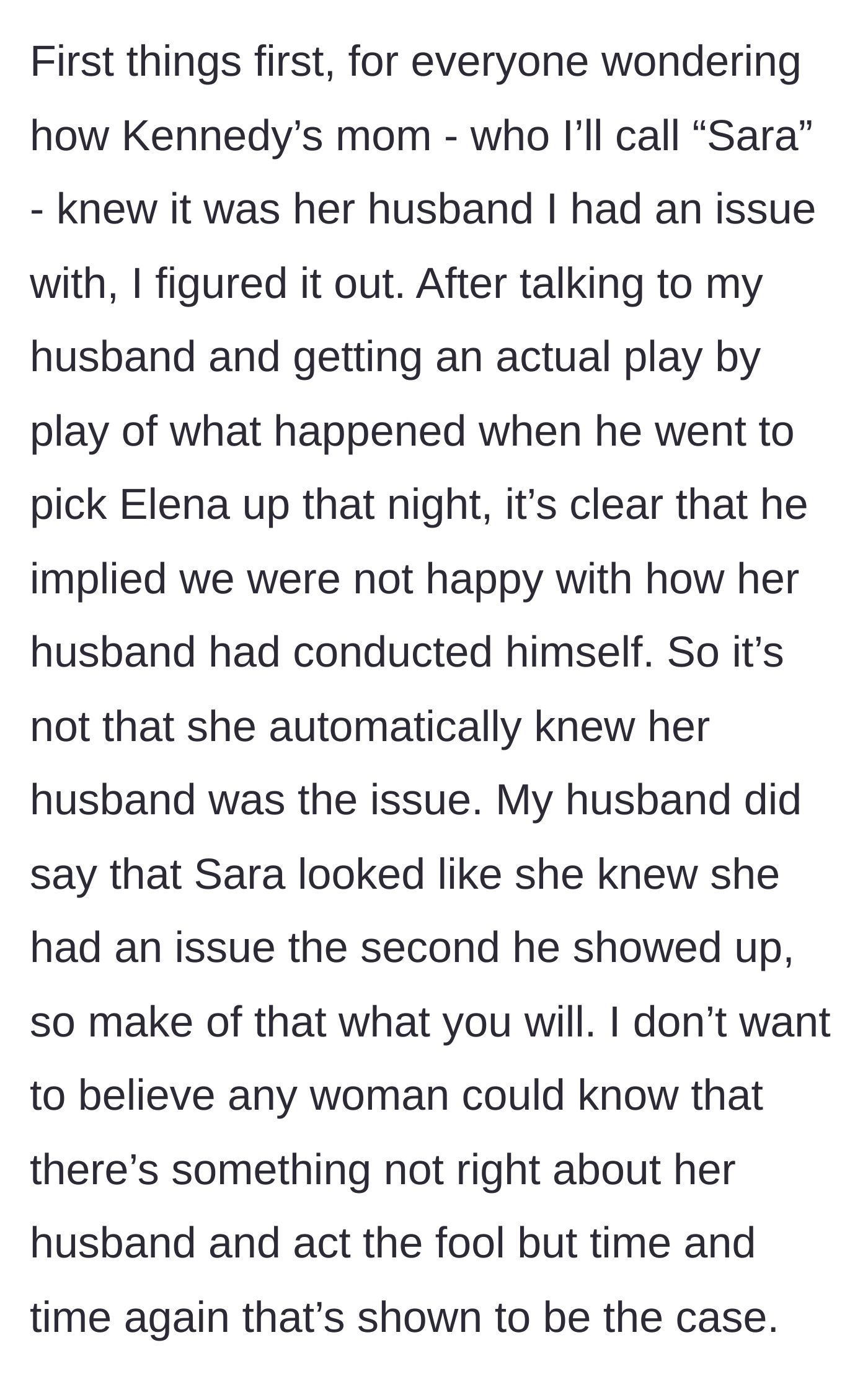 Story part 2 - The author details how her husband subtly confronted the other mom, who seemed to expect it.