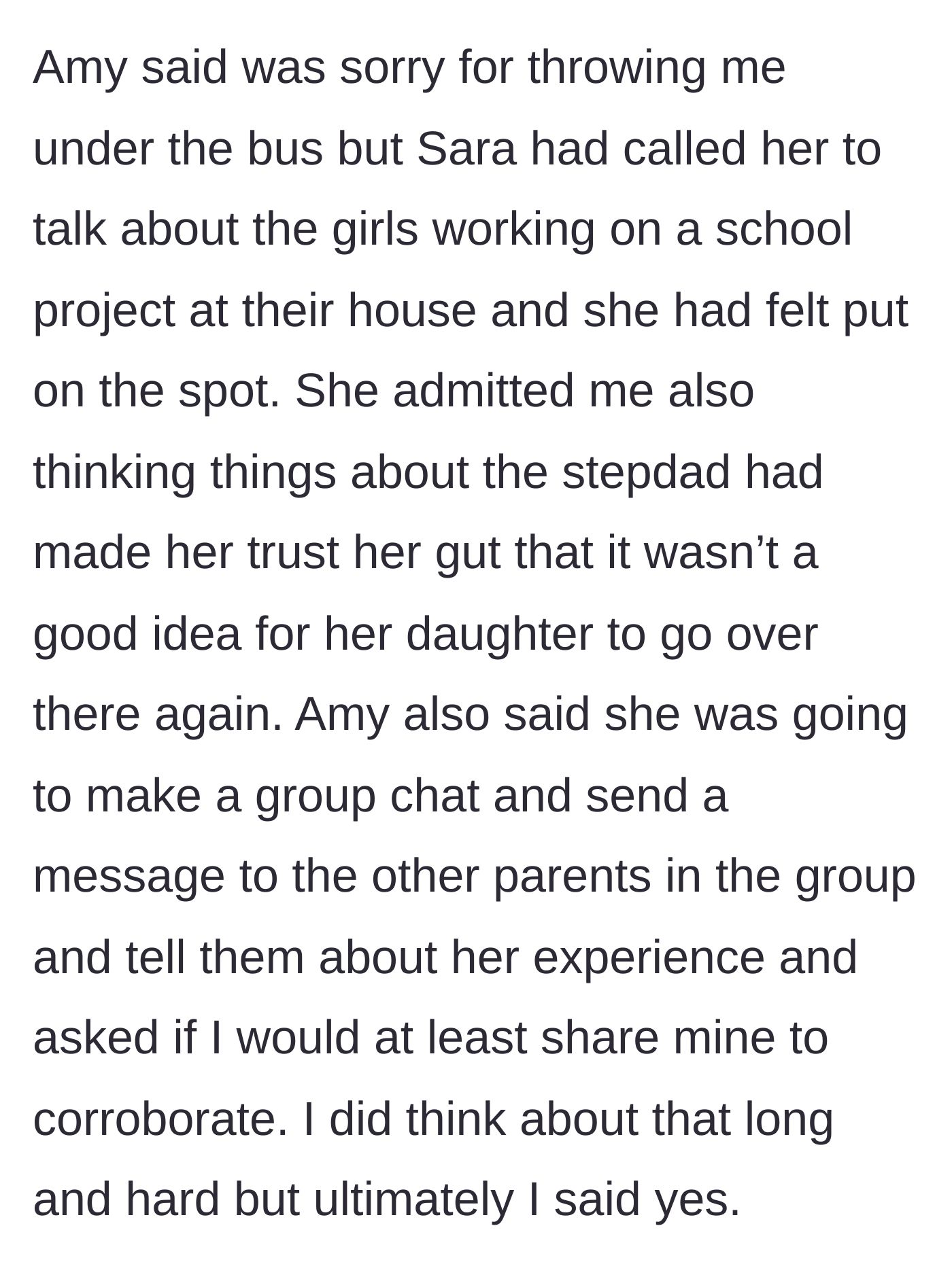 Story part 4 - The mutual friend proposes a group chat to warn other parents and asks the author to back her up.