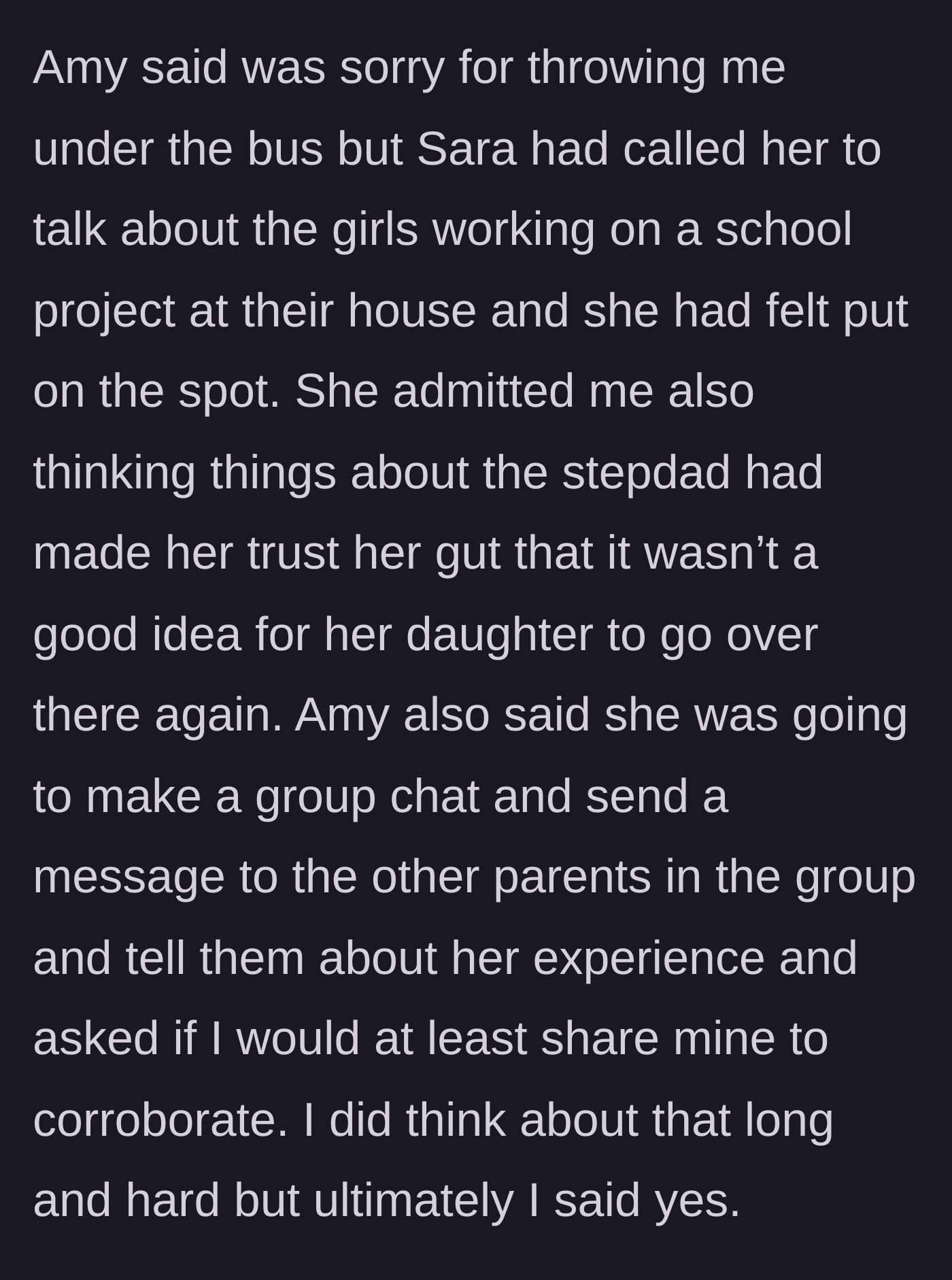 Story part 4 - The mutual friend proposes a group chat to warn other parents and asks the author to back her up.