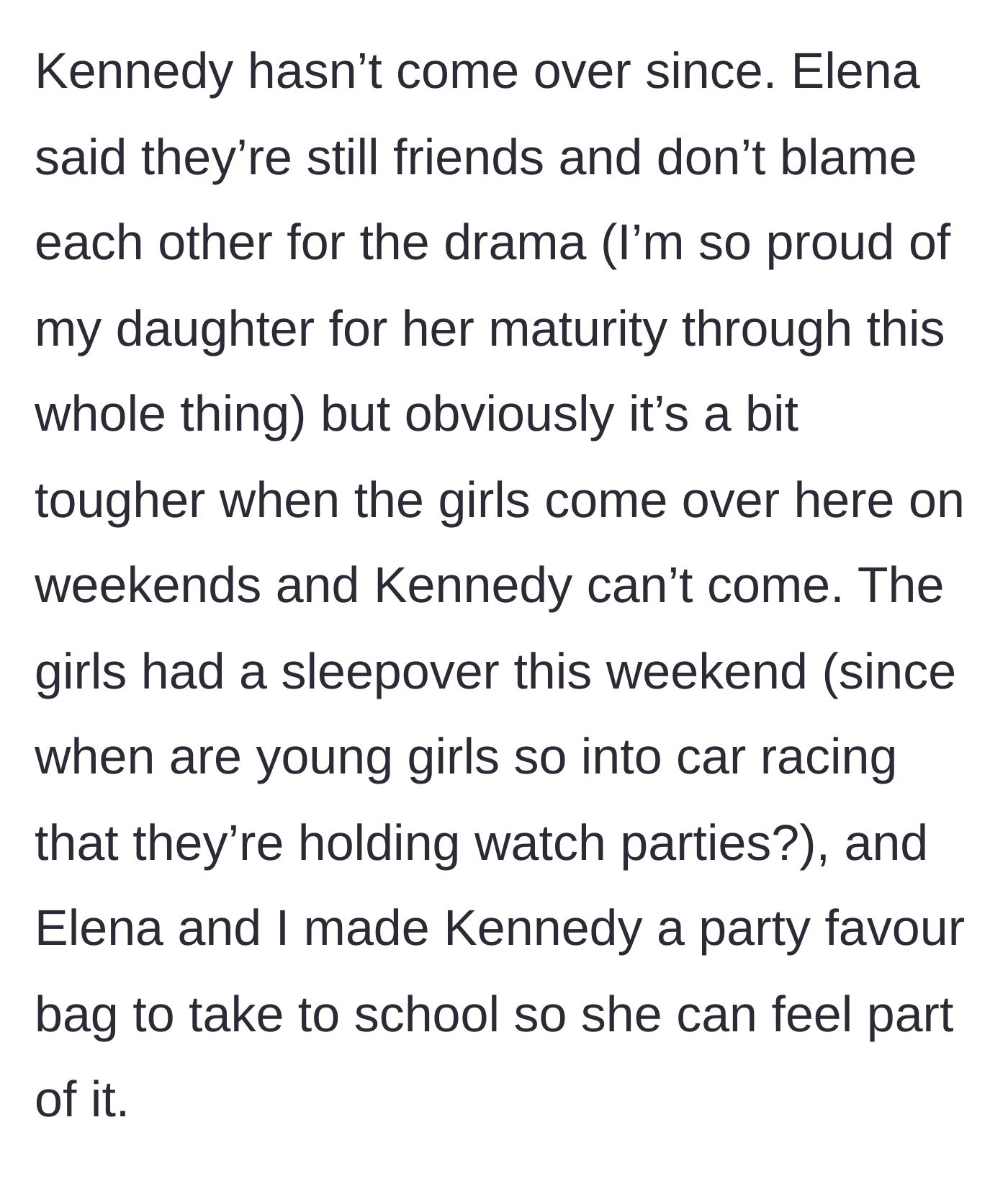 Story part 8 - The daughters remain friends despite the parental fallout, and the author's daughter makes a care package for her absent friend.