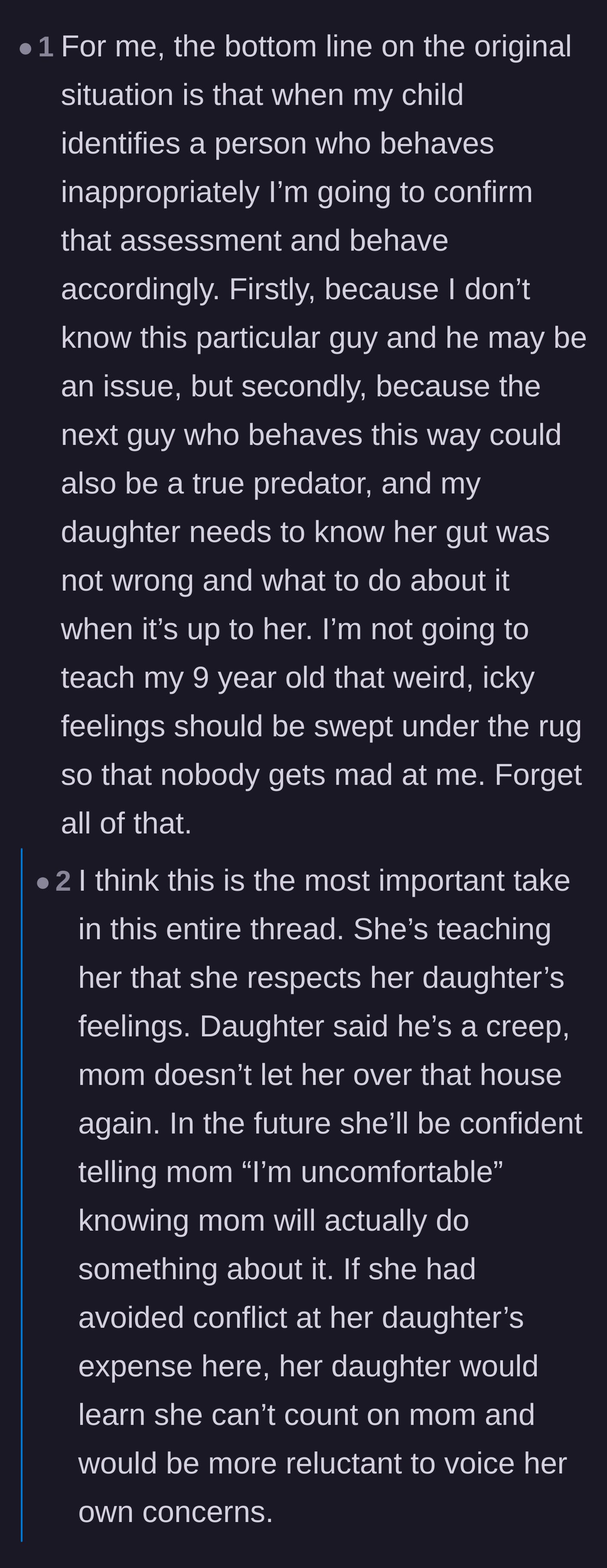 Comment thread 1 - A discussion on the vital importance of validating a child's instinct when they feel uncomfortable around an adult