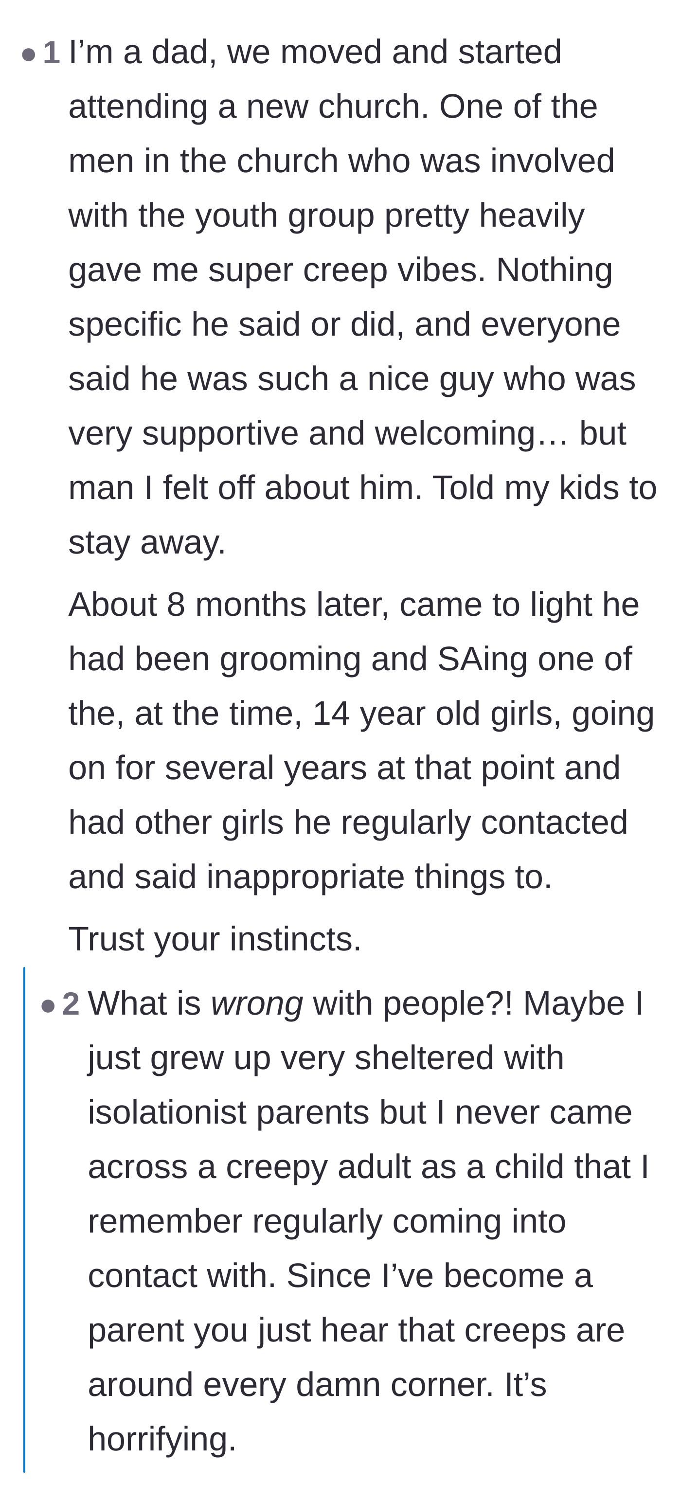 Comment thread 4 - A father shares a chilling personal anecdote about trusting his instincts regarding a beloved youth group leader