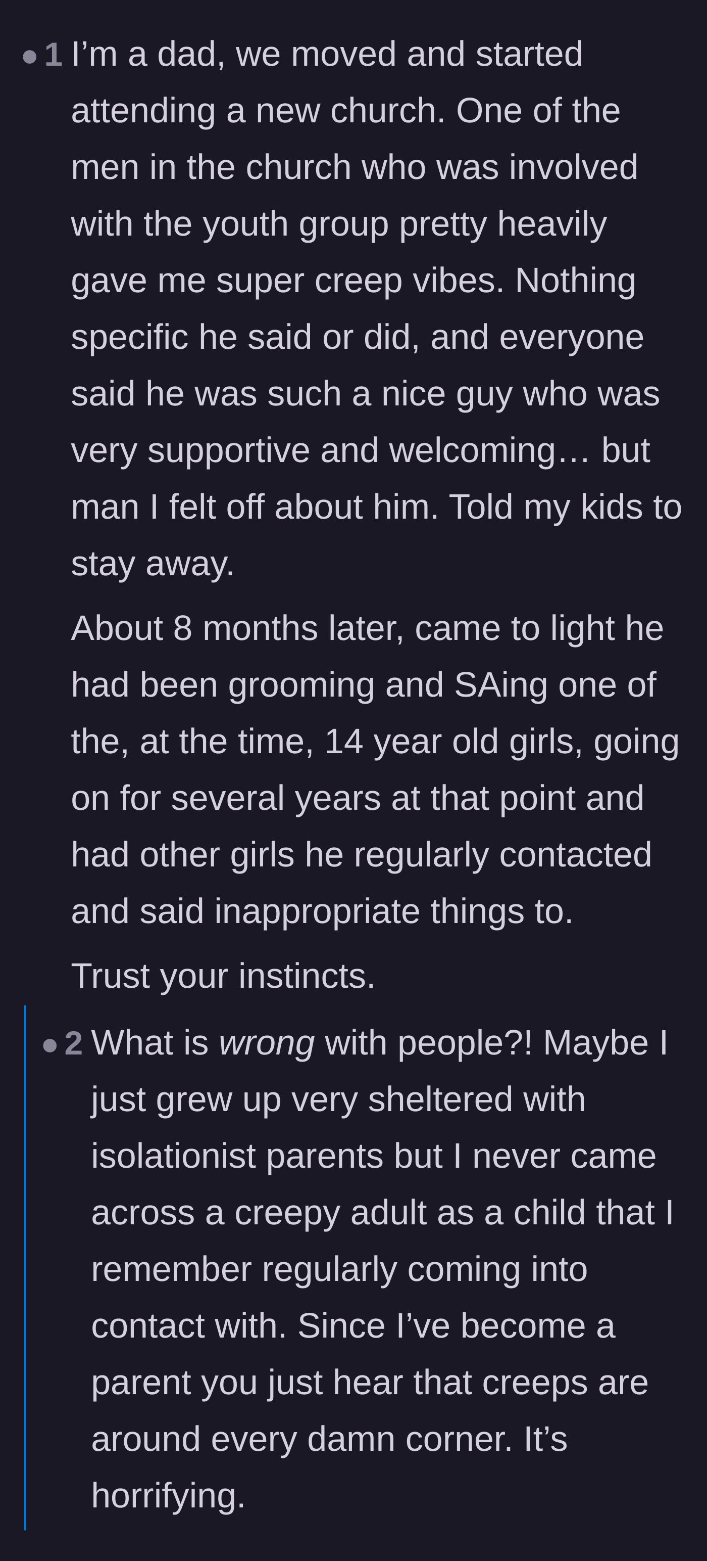 Comment thread 4 - A father shares a chilling personal anecdote about trusting his instincts regarding a beloved youth group leader
