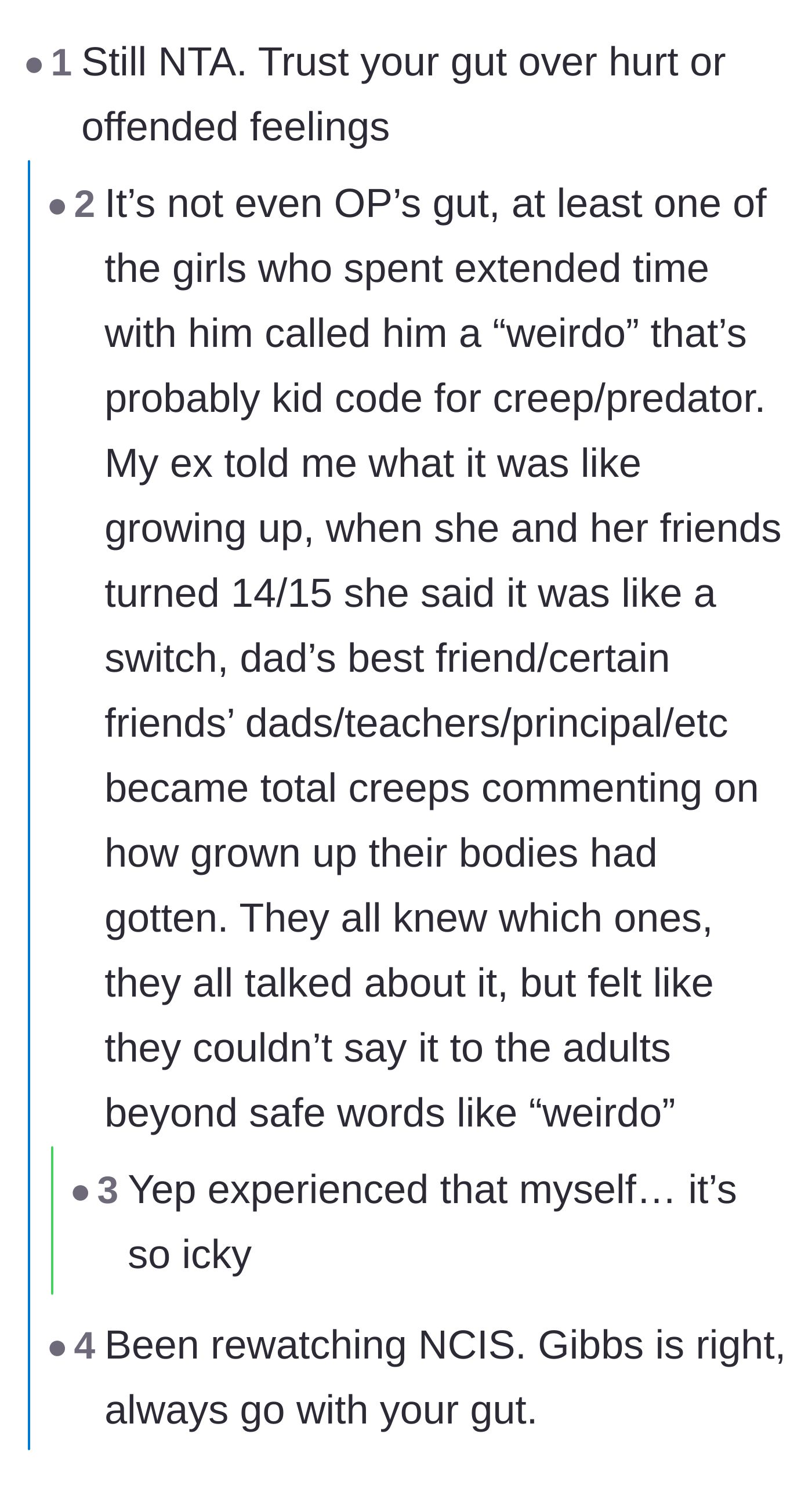 Comment thread 5 - A conversation about how teenage girls use words like 'weirdo' to safely flag predatory behavior from older men