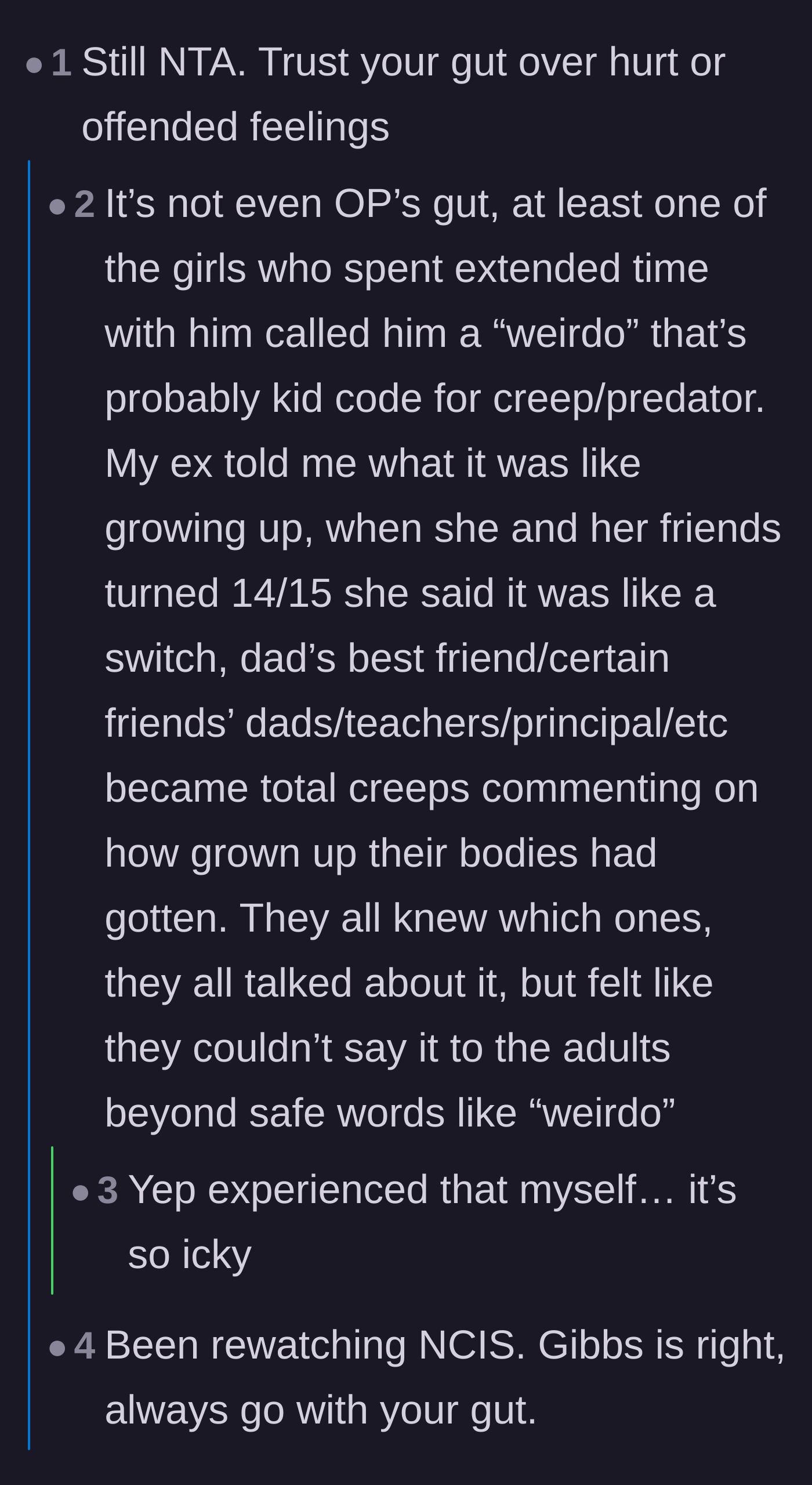 Comment thread 5 - A conversation about how teenage girls use words like 'weirdo' to safely flag predatory behavior from older men