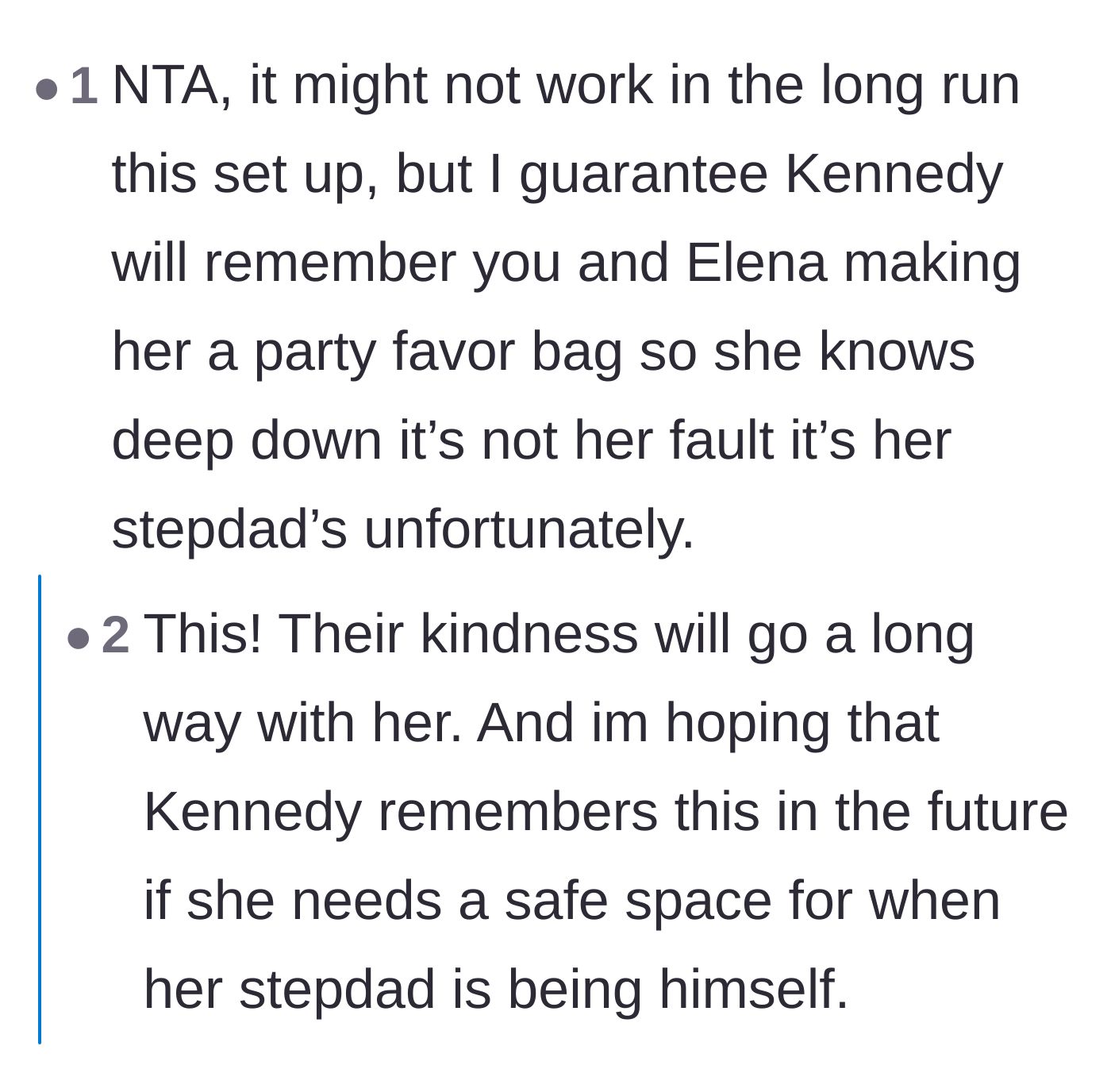 Comment thread 6 - Readers praising the author's daughter for making a party favor bag to ensure her friend still felt included