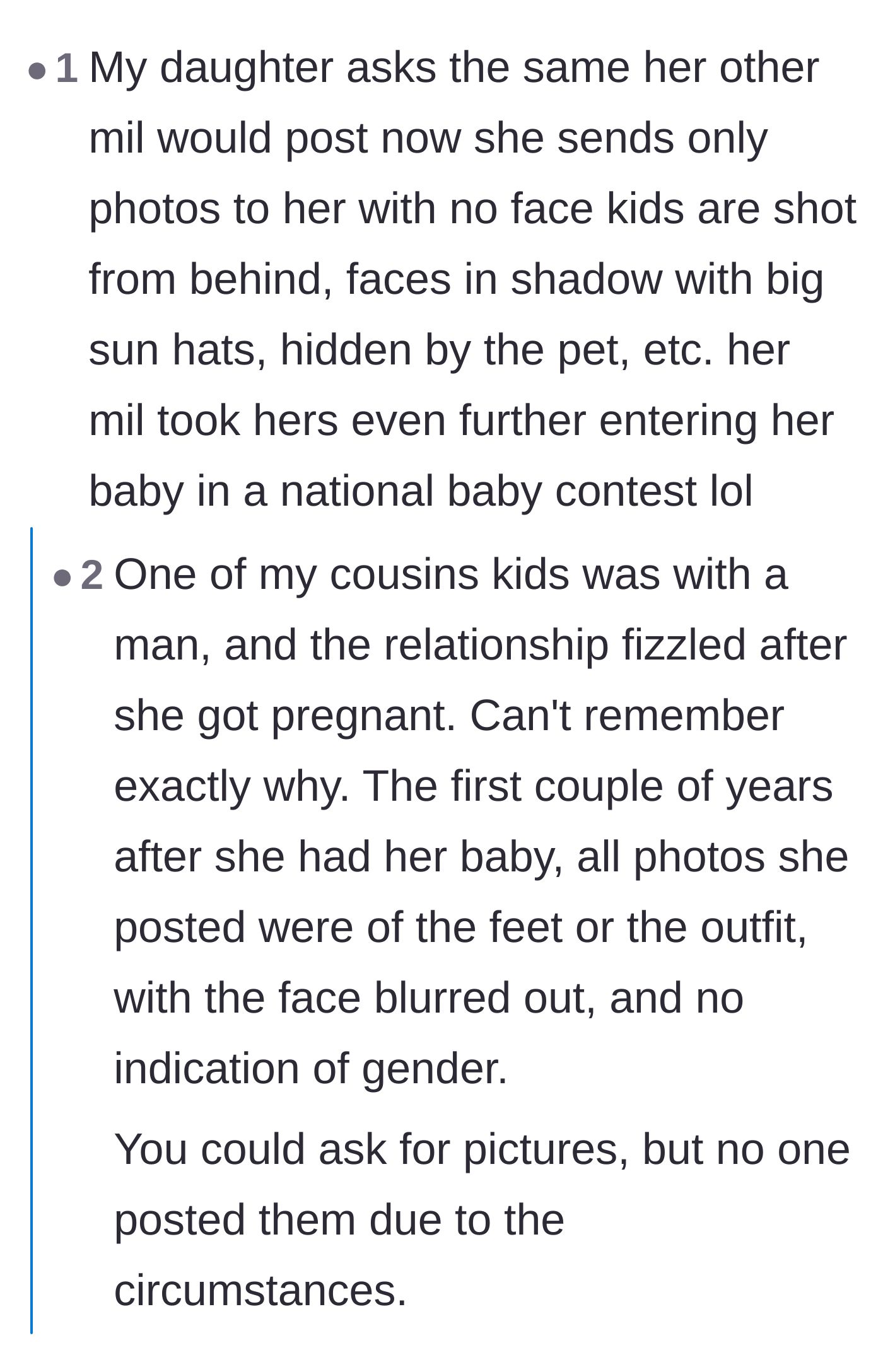 Comment thread 1 - Readers share strategies for sending obscure, faceless, or heavily shadowed photos to overstepping relatives.
