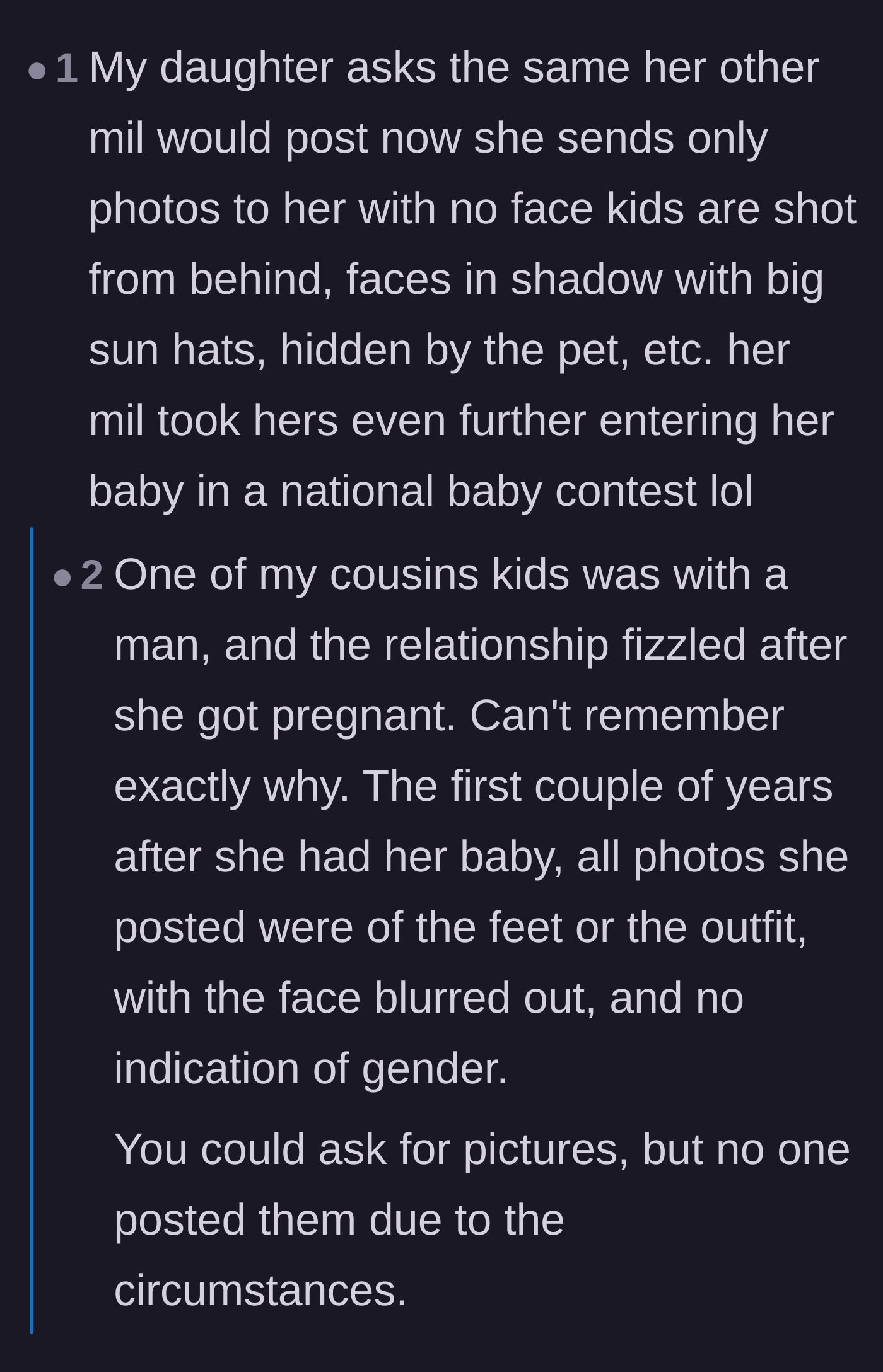 Comment thread 1 - Readers share strategies for sending obscure, faceless, or heavily shadowed photos to overstepping relatives.