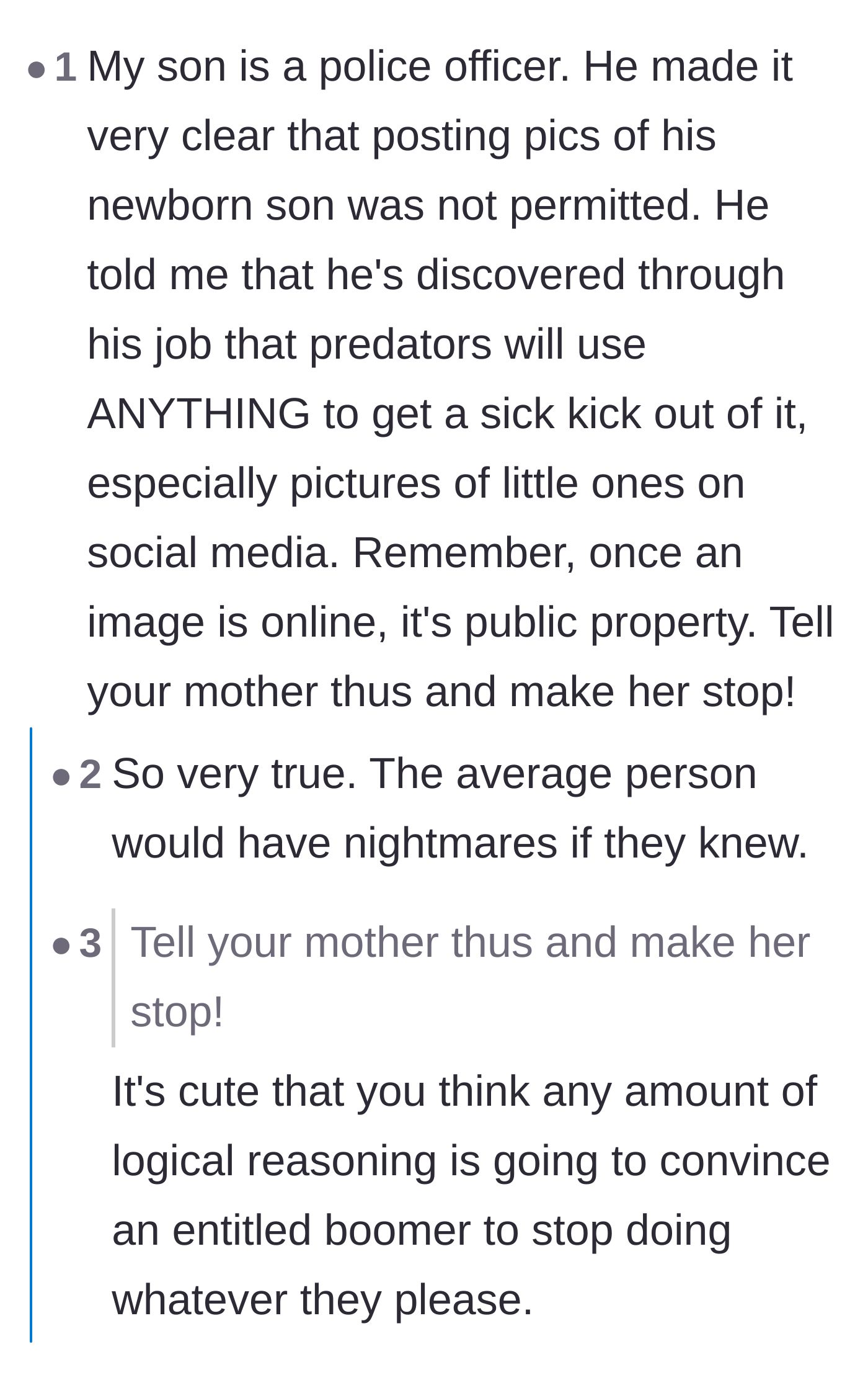 Comment thread 2 - A chilling discussion about digital safety, law enforcement warnings, and the dark reality of online image theft.