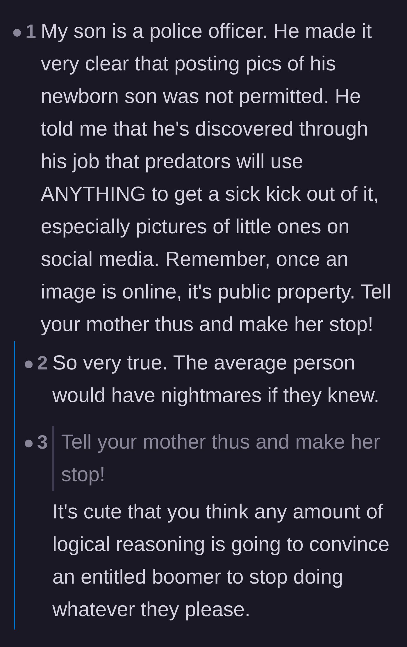 Comment thread 2 - A chilling discussion about digital safety, law enforcement warnings, and the dark reality of online image theft.