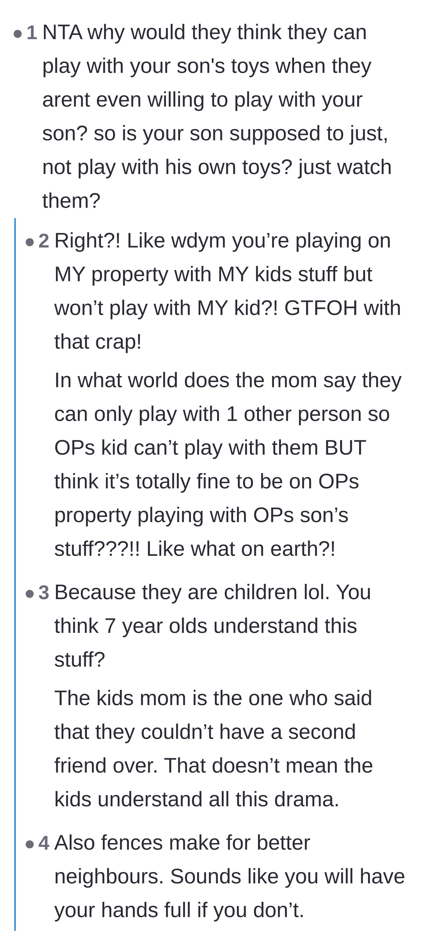 Comment thread 1 - Readers debating the sheer audacity of children using a neighbor's toys while excluding the homeowner's son.