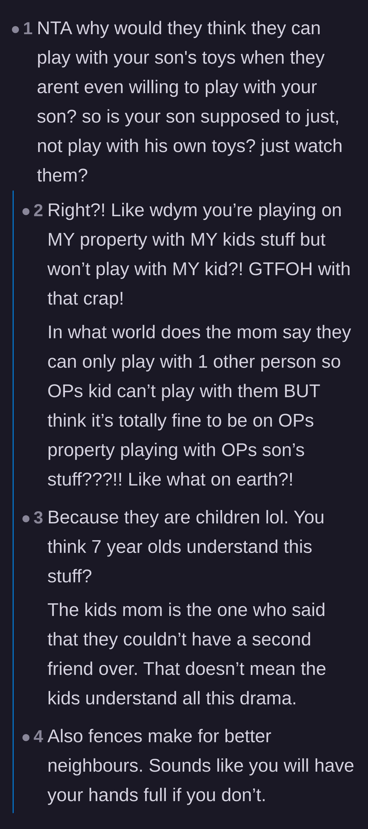 Comment thread 1 - Readers debating the sheer audacity of children using a neighbor's toys while excluding the homeowner's son.