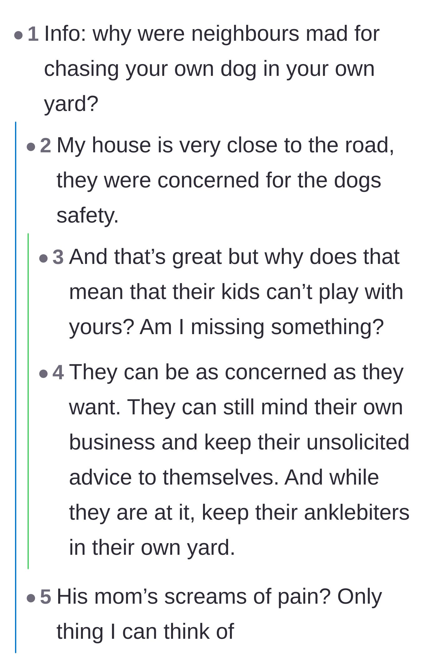 Comment thread 2 - A discussion on whether the neighbors were justified in screaming about calling the police over a loose puppy.
