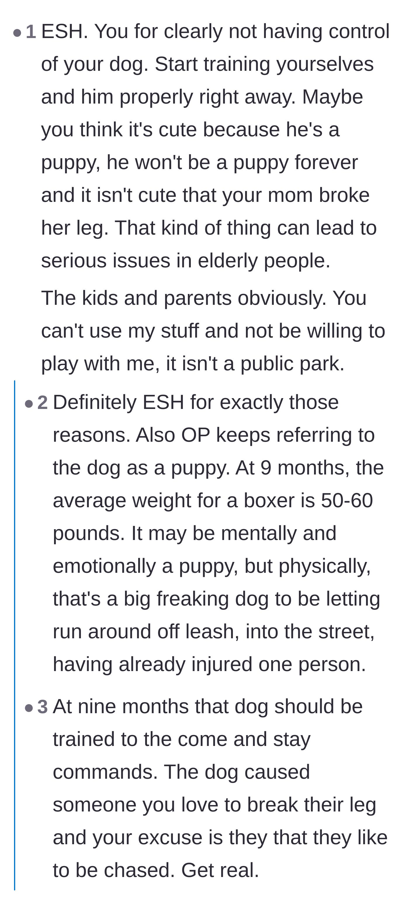Comment thread 3 - Commenters pointing out that a nine-month-old Boxer is a large, powerful animal, not just a harmless puppy.