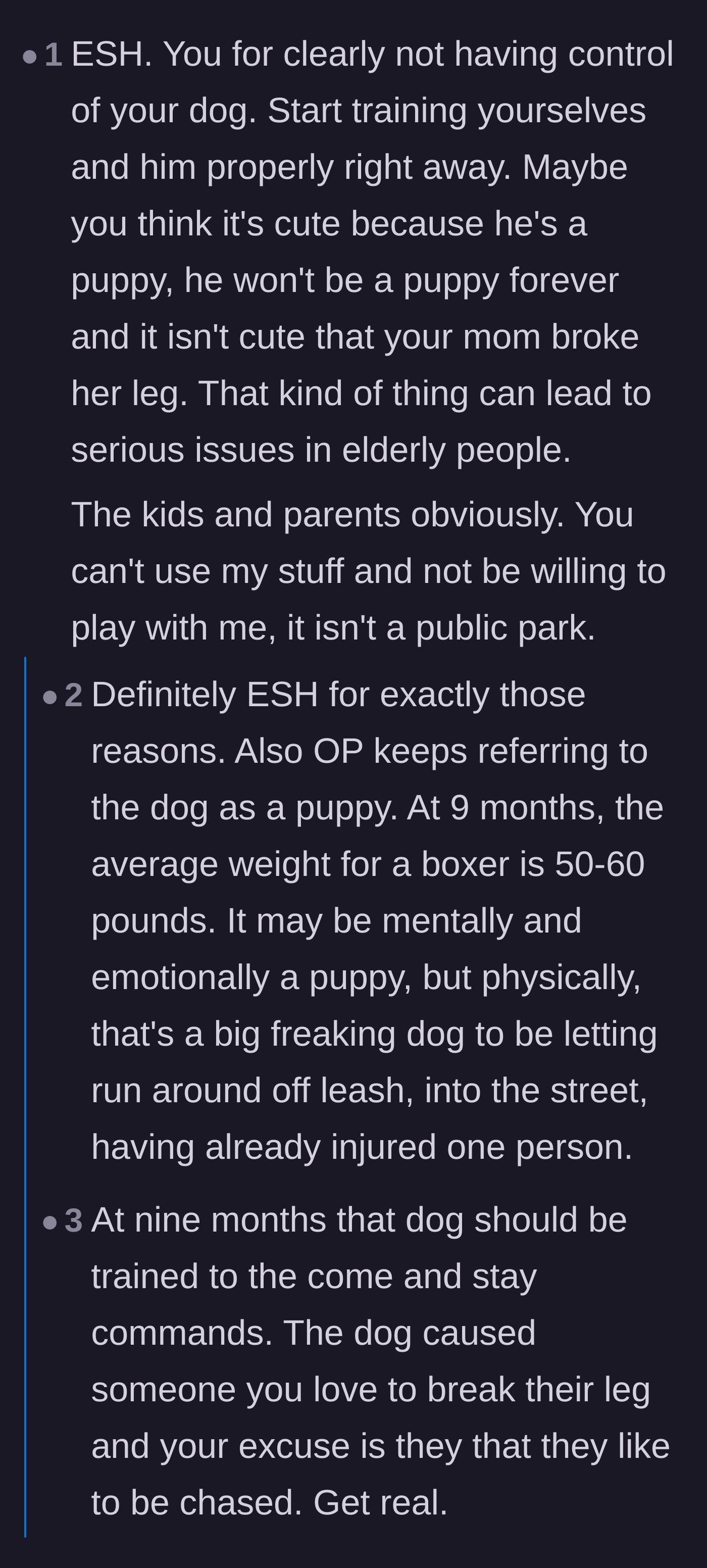 Comment thread 3 - Commenters pointing out that a nine-month-old Boxer is a large, powerful animal, not just a harmless puppy.