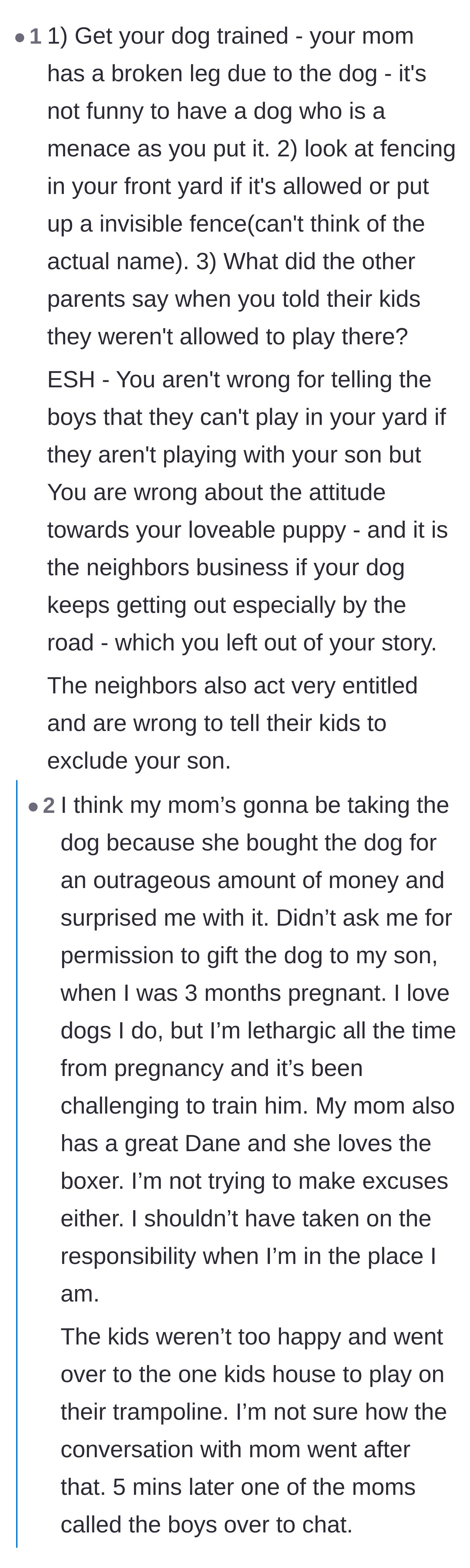 Comment thread 5 - The revelation that the grandmother who broke her leg is the same person who gifted the unwanted, untrained dog.