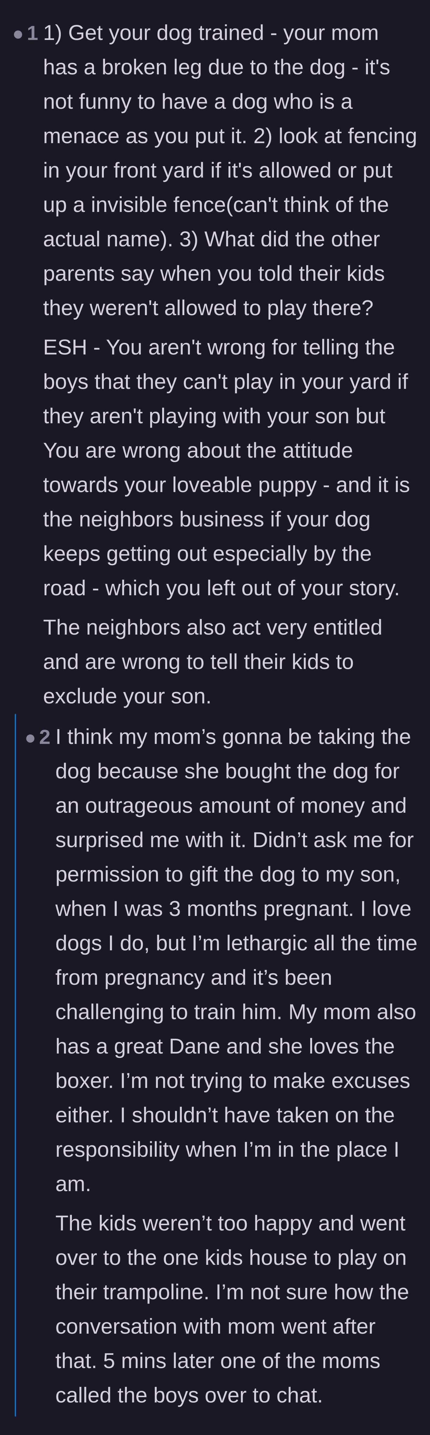 Comment thread 5 - The revelation that the grandmother who broke her leg is the same person who gifted the unwanted, untrained dog.