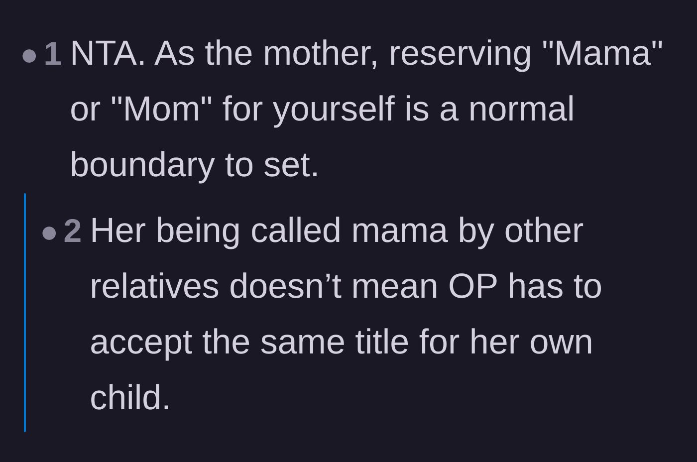 Comment thread 1 - Discussion on a mother's right to reserve the title and joking suggestions to call her Grandpa's current girlfriend