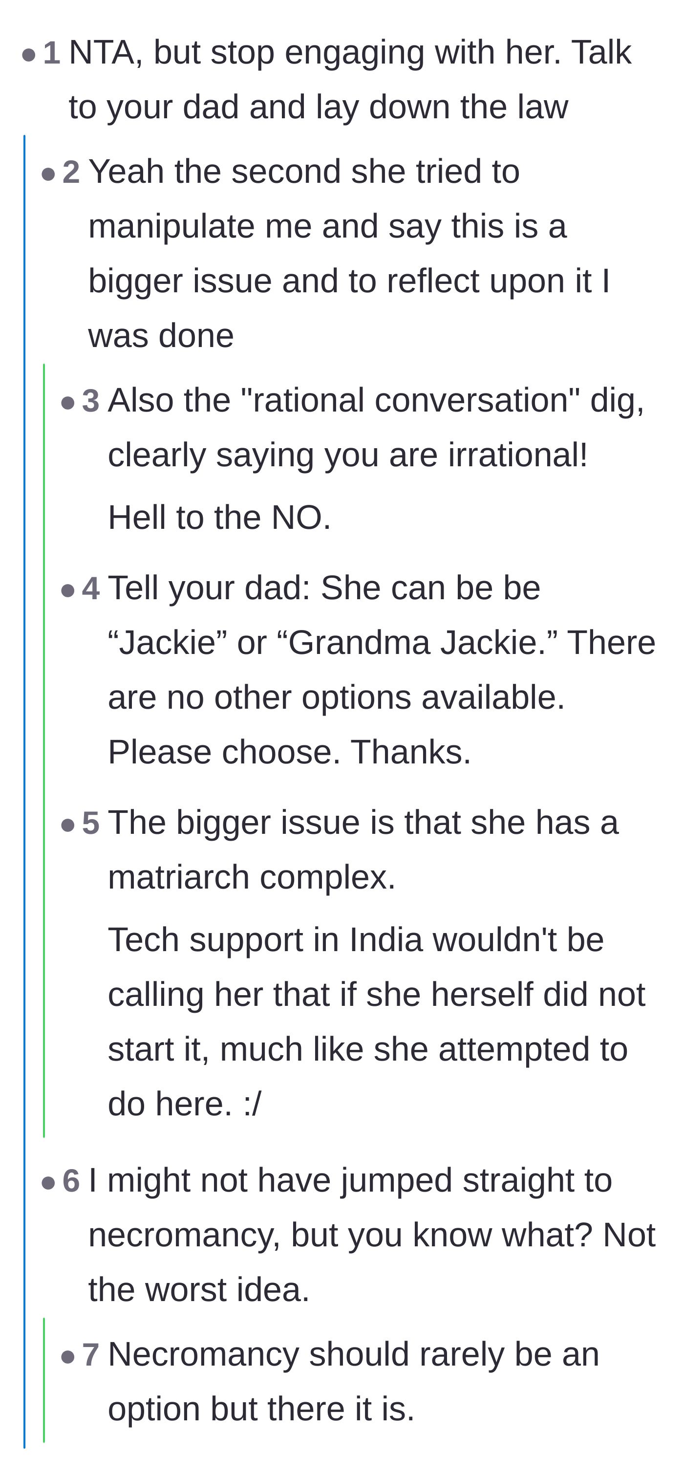 Comment thread 2 - Outrage over Jackie's gaslighting texts and her apparent matriarch complex despite having no biological children