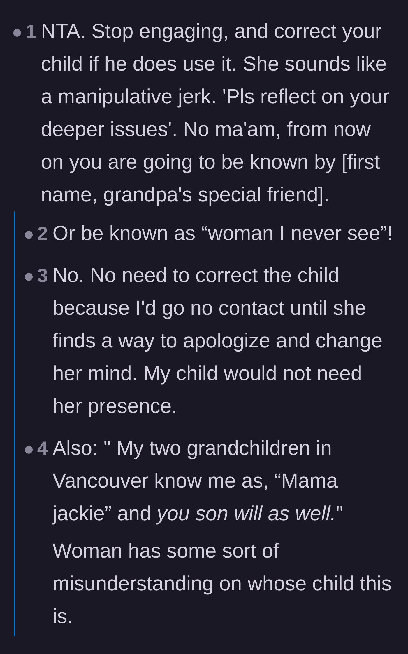 Comment thread 3 - Advice to completely cut off contact with Jackie until she learns to respect the mother's boundaries