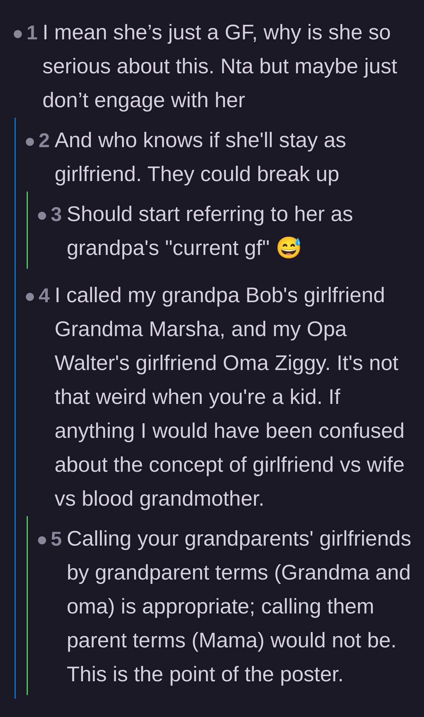 Comment thread 4 - Reminders that Jackie is merely a girlfriend, with readers suggesting the petty title of Grandpa's current girlfriend
