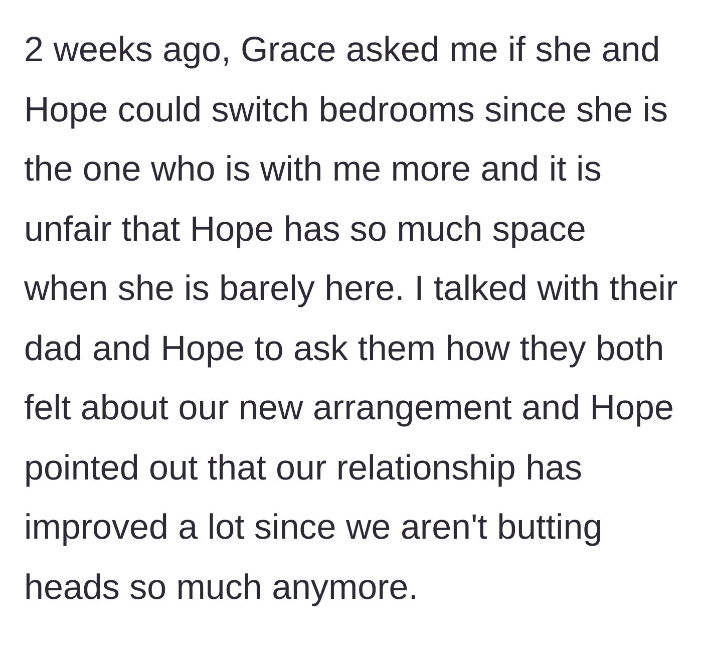 Story part 4 - The younger sister asks for the larger room, and the mother checks in with the older daughter and ex about their current dynamic.