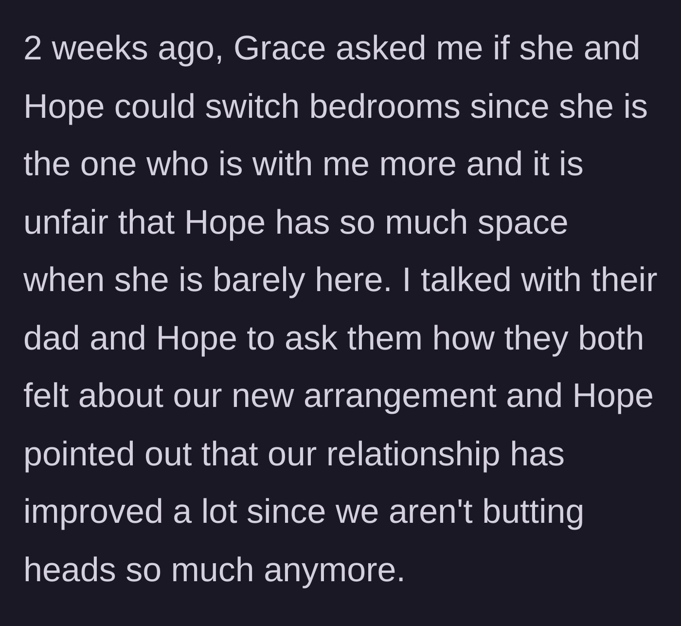 Story part 4 - The younger sister asks for the larger room, and the mother checks in with the older daughter and ex about their current dynamic.