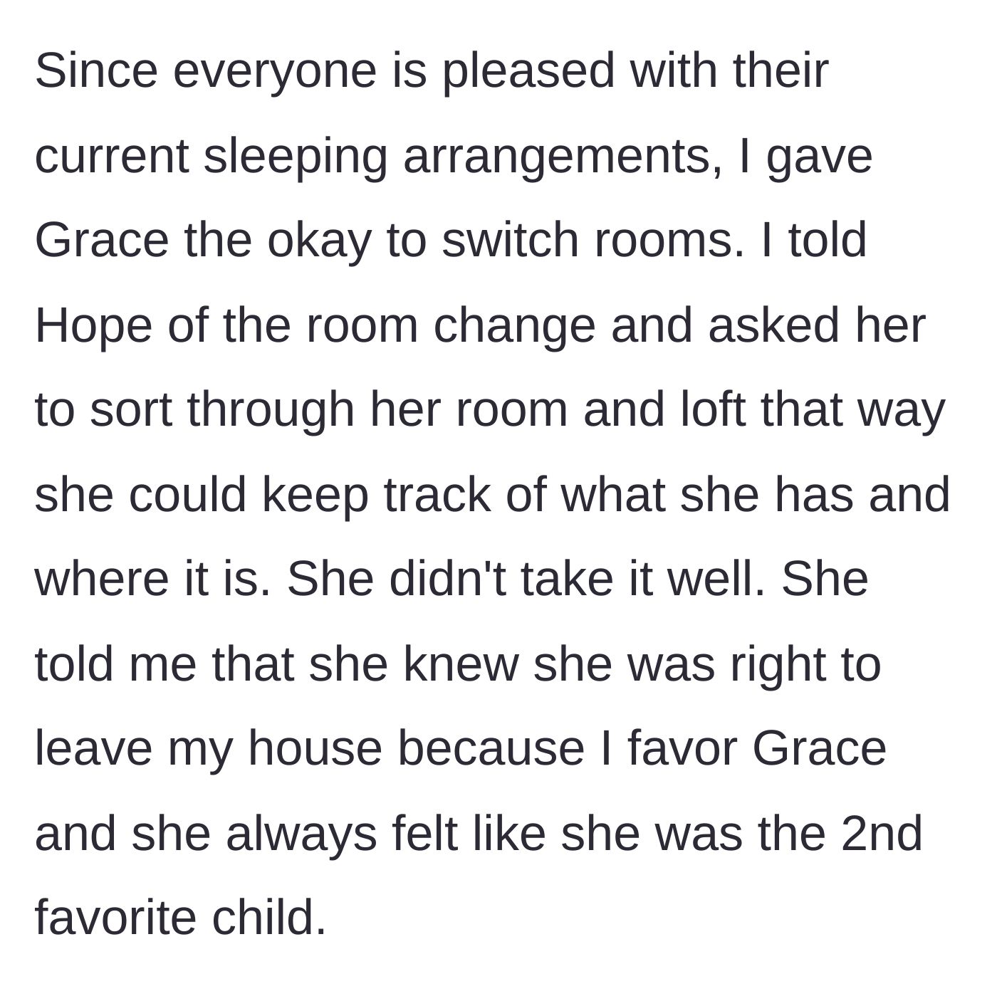 Story part 5 - The mother informs the older daughter of the room switch, leading to a tearful accusation of favoritism.