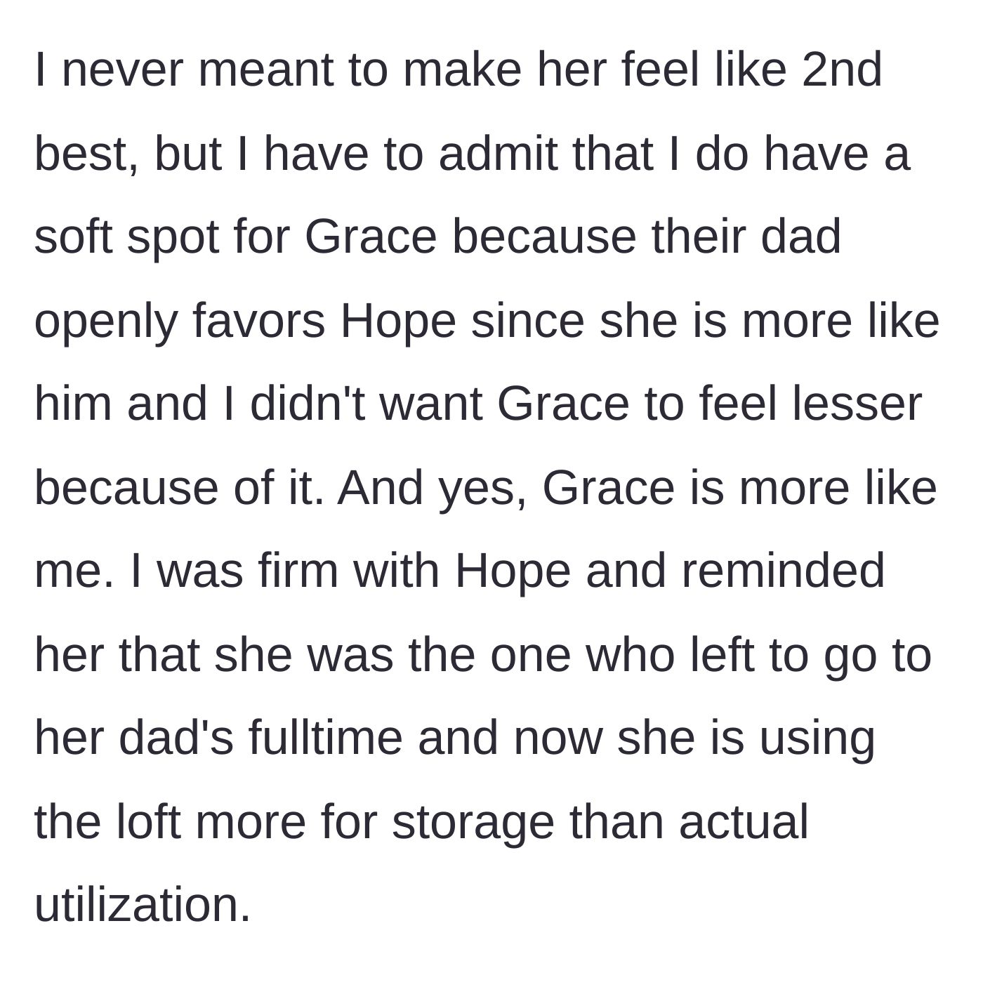 Story part 6 - The mother admits to feeling protective over the younger daughter due to the dad's favoritism, and stands firm on the room change.