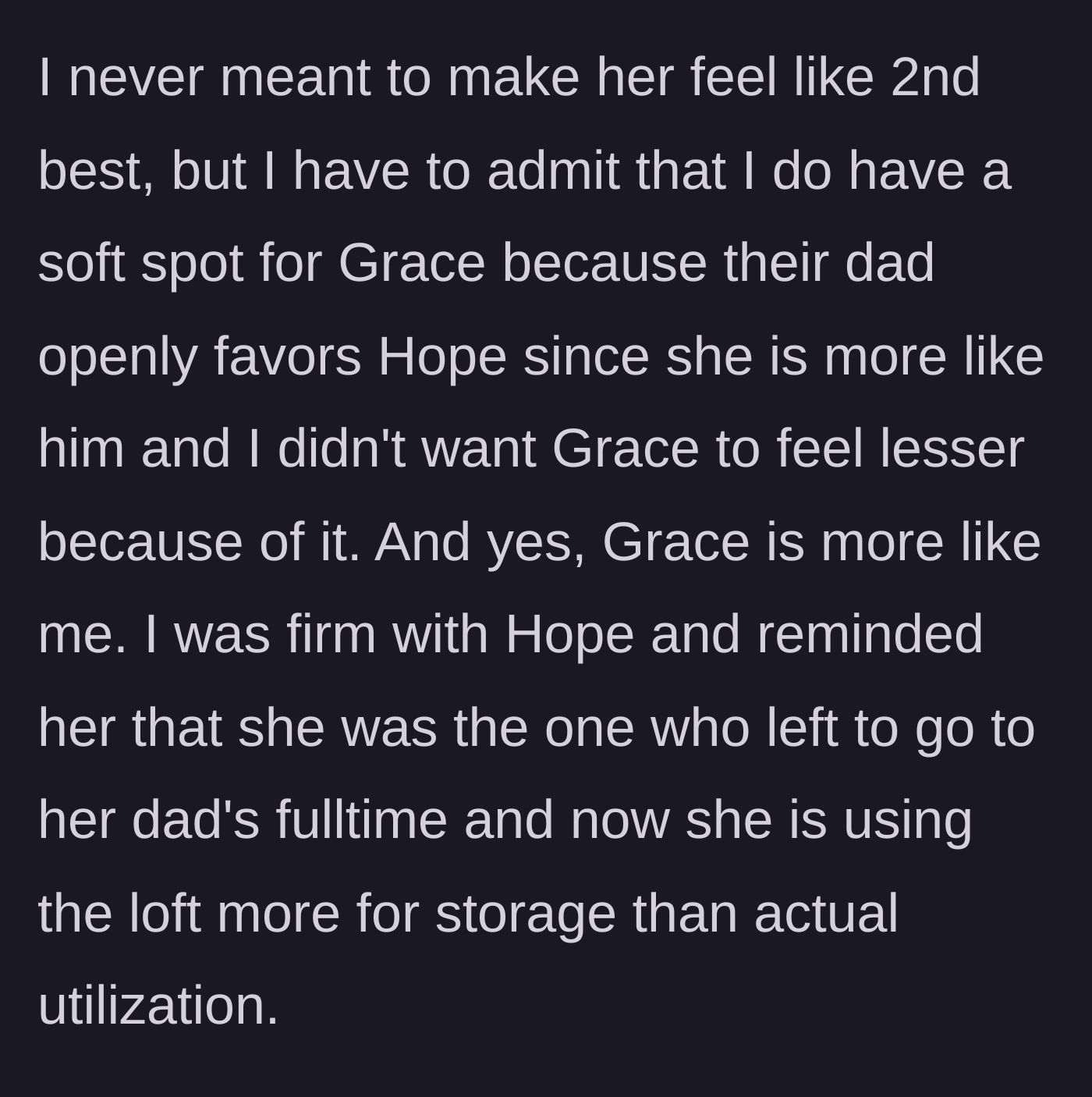 Story part 6 - The mother admits to feeling protective over the younger daughter due to the dad's favoritism, and stands firm on the room change.