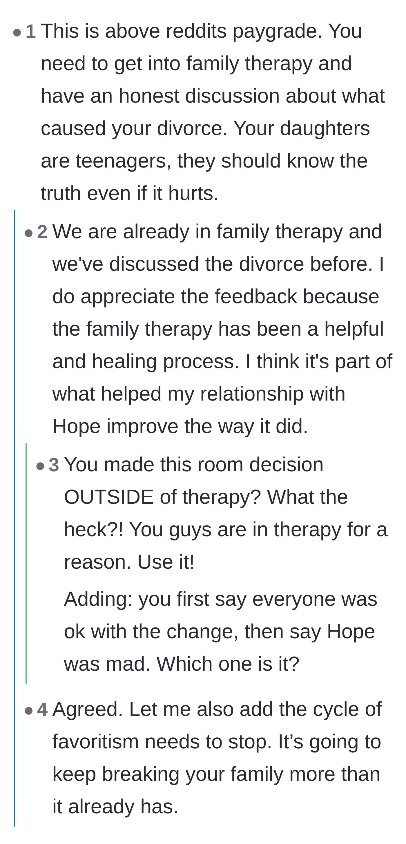 Comment thread 1 - Readers debating the mother's poor communication and her failure to use their family therapist before making the bedroom switch.