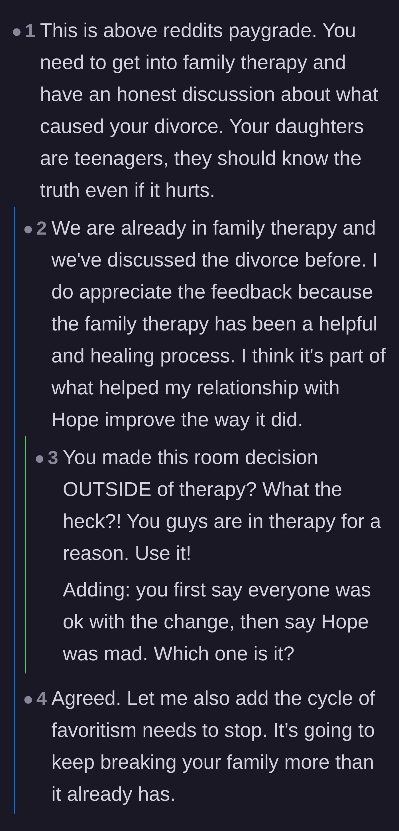 Comment thread 1 - Readers debating the mother's poor communication and her failure to use their family therapist before making the bedroom switch.
