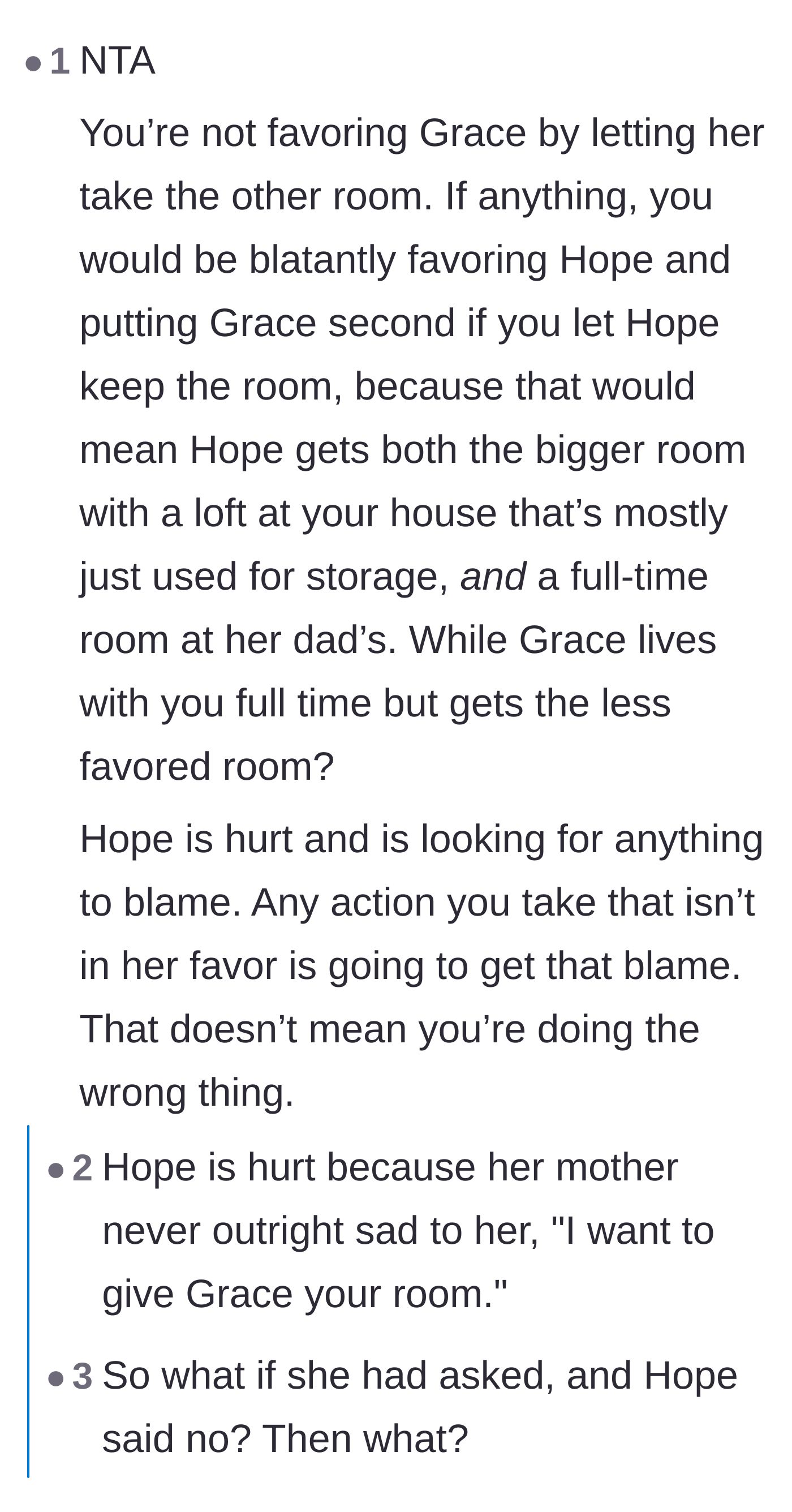 Comment thread 2 - A discussion on the practical fairness of giving the larger room to the child who actually lives there full-time.