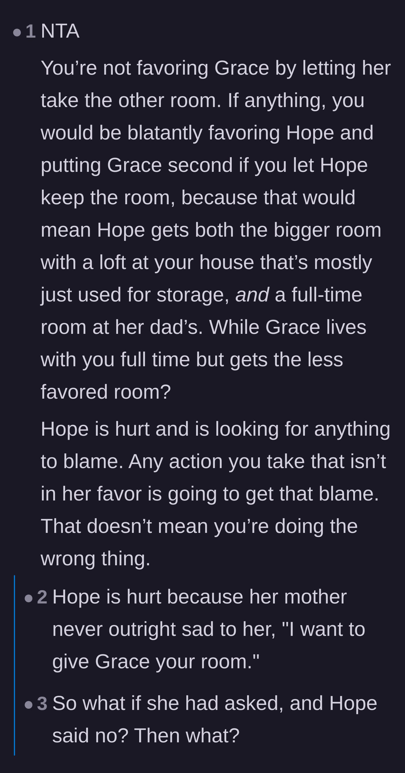 Comment thread 2 - A discussion on the practical fairness of giving the larger room to the child who actually lives there full-time.