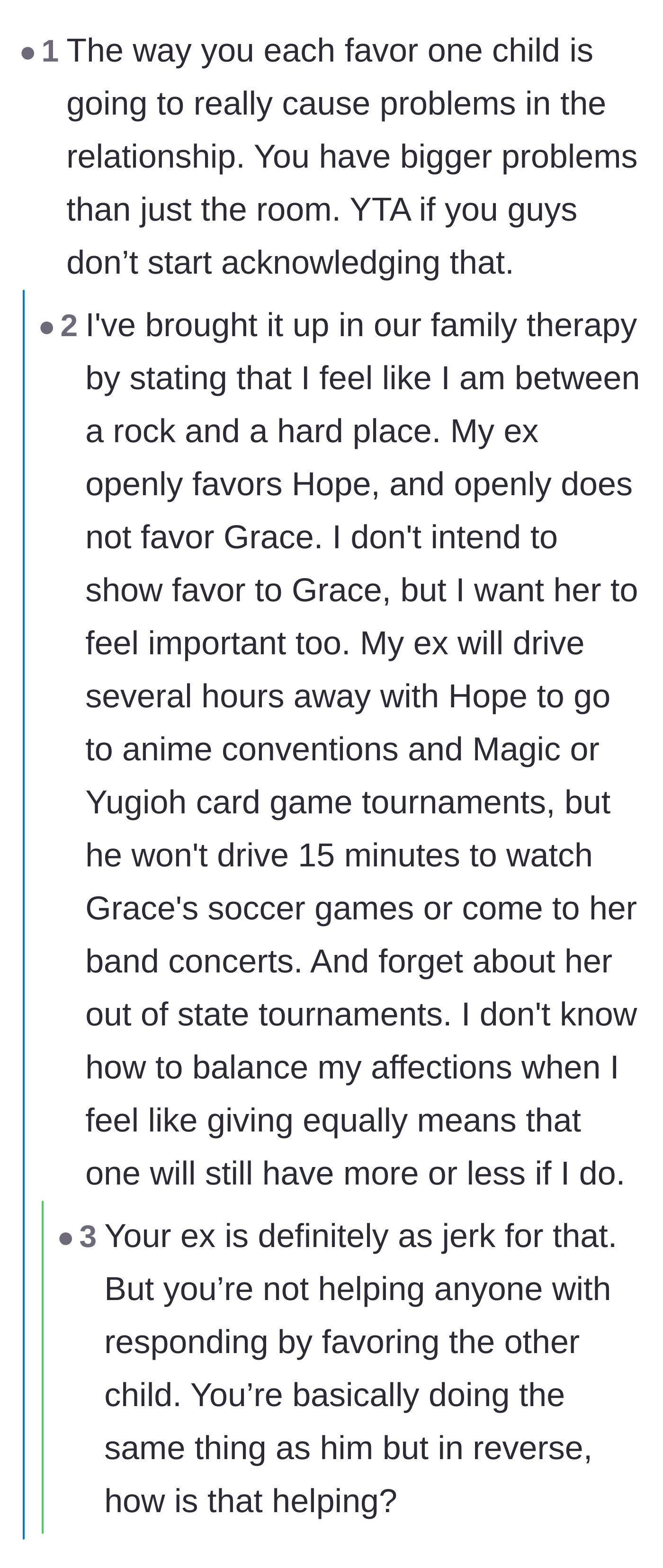 Comment thread 3 - Readers unpacking the tragic cycle of parental favoritism and whether overcompensating for an ex's neglect is helpful or harmful.