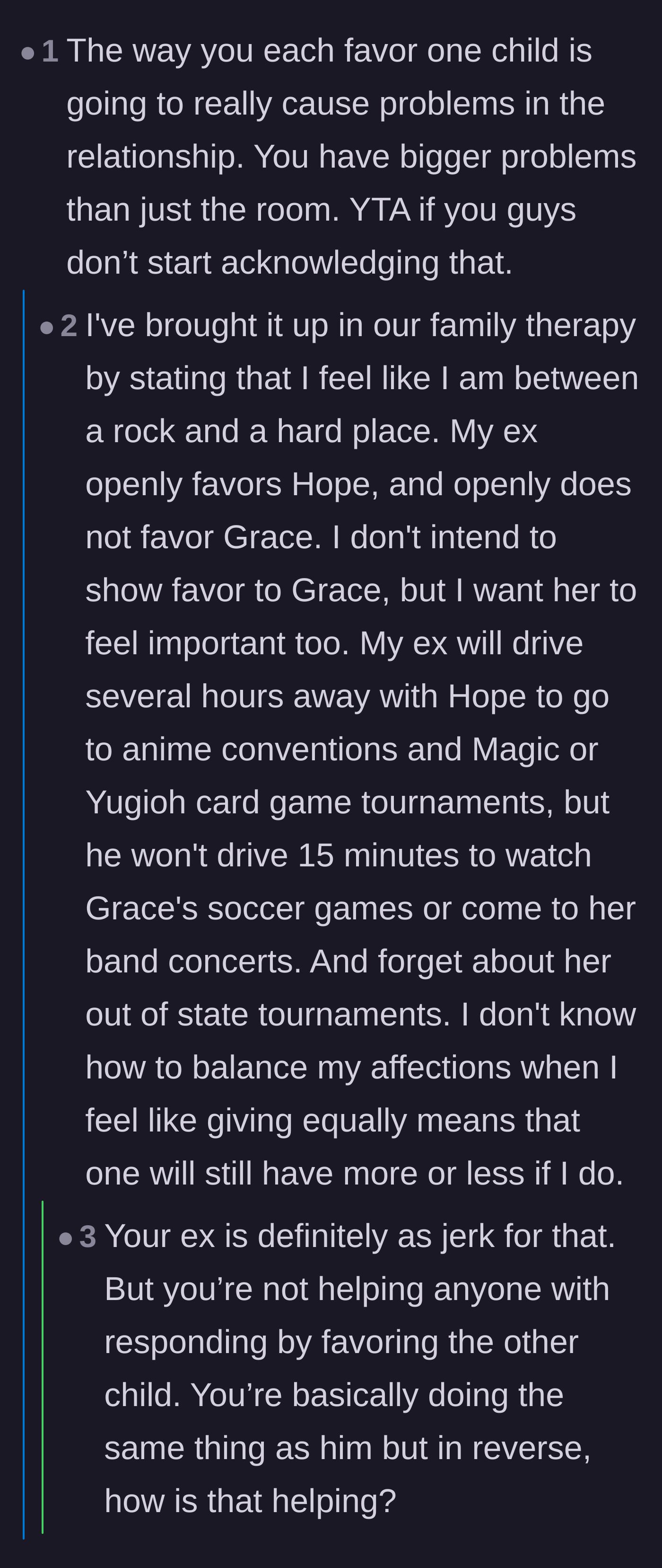 Comment thread 3 - Readers unpacking the tragic cycle of parental favoritism and whether overcompensating for an ex's neglect is helpful or harmful.