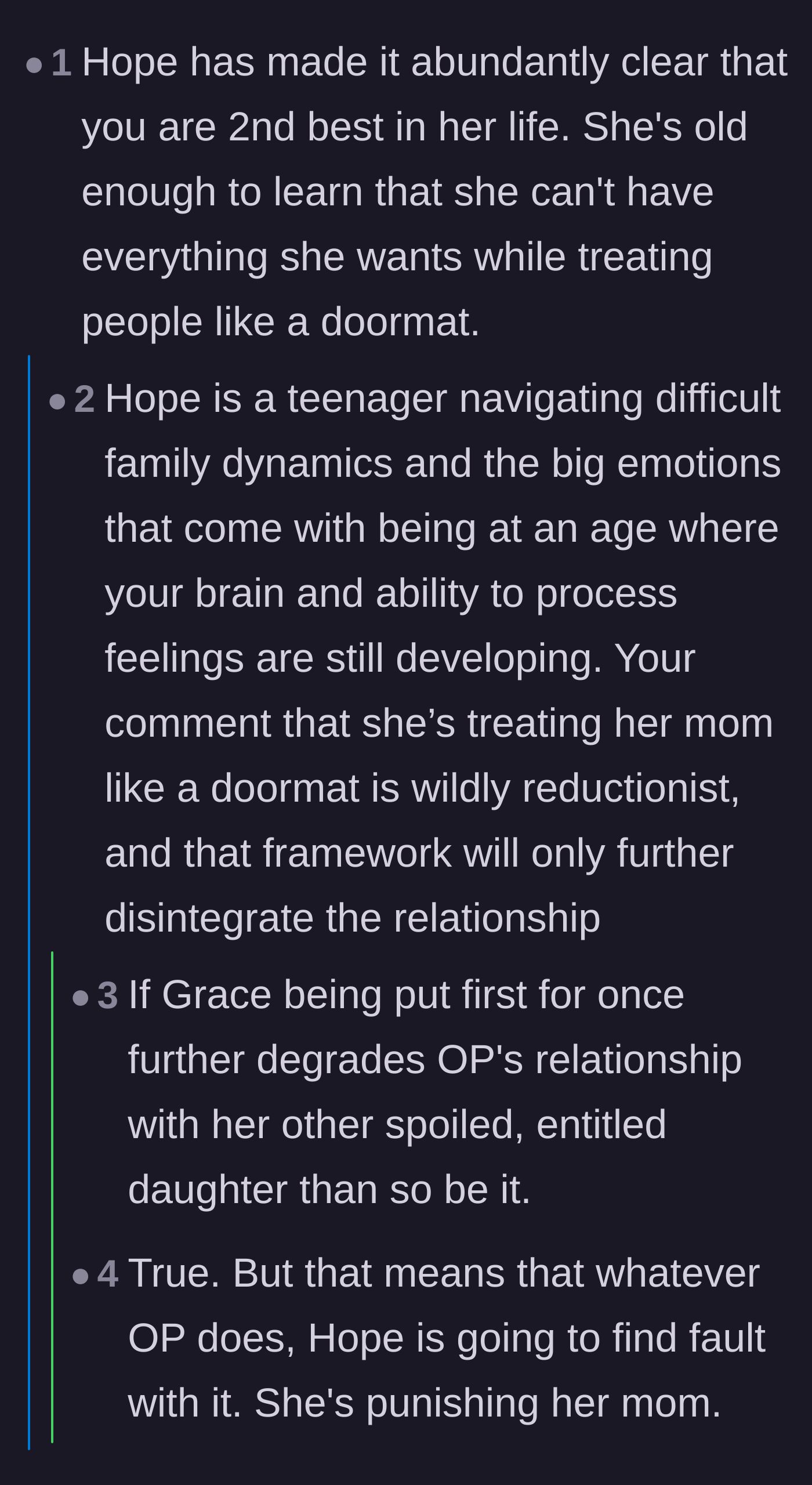 Comment thread 5 - A debate over whether the older daughter is acting entitled or just reacting like a normal, traumatized teenager.