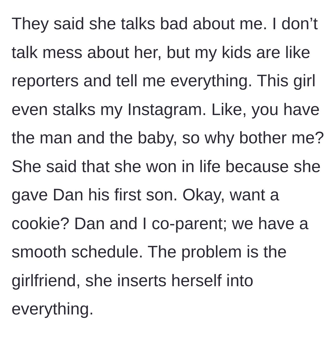 Story part 2 - The affair partner stalks the mother's Instagram and brags about giving the ex-husband his first son.