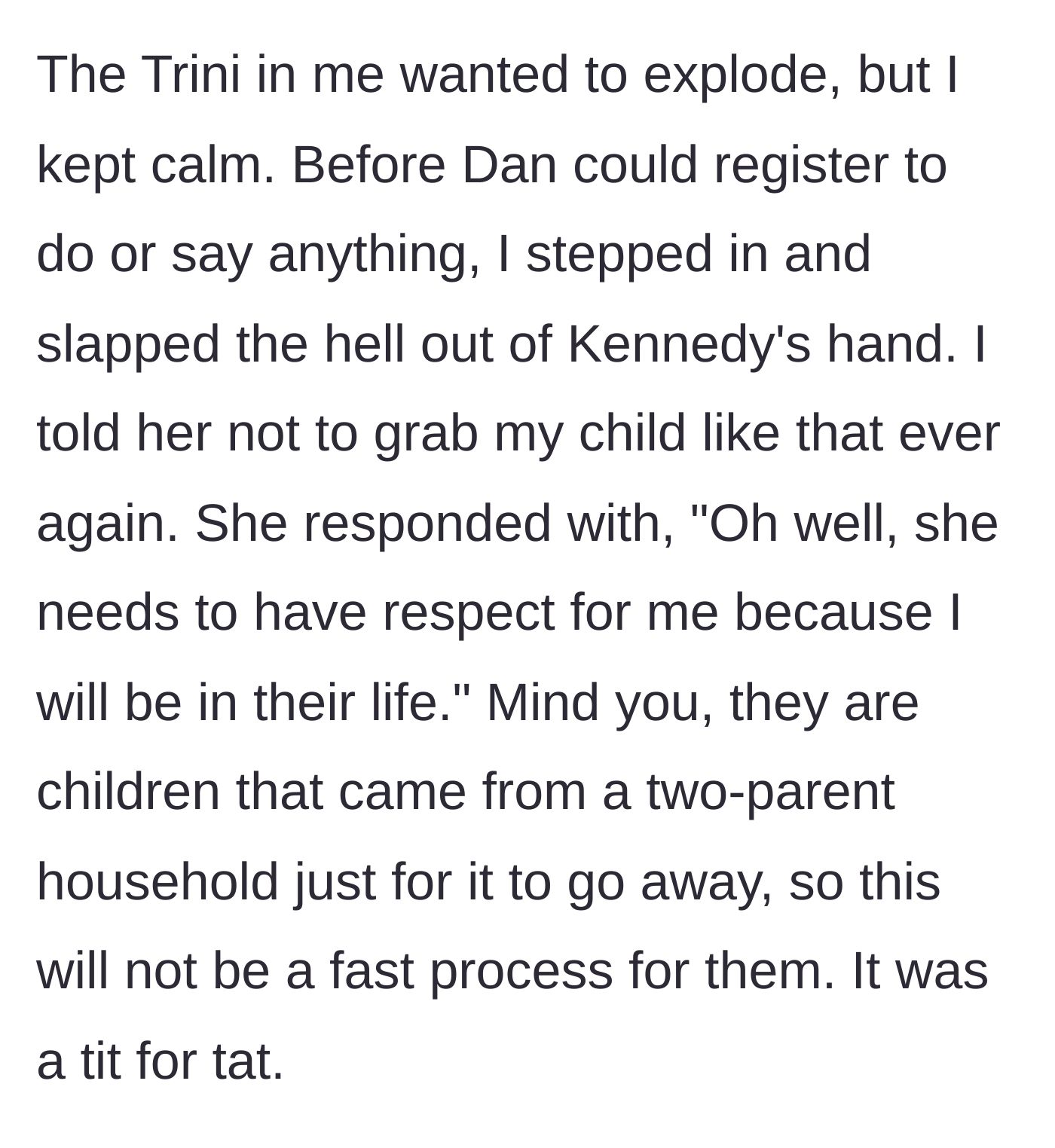 Story part 5 - The mother physically intervenes, slapping the affair partner's hand away to protect her child.