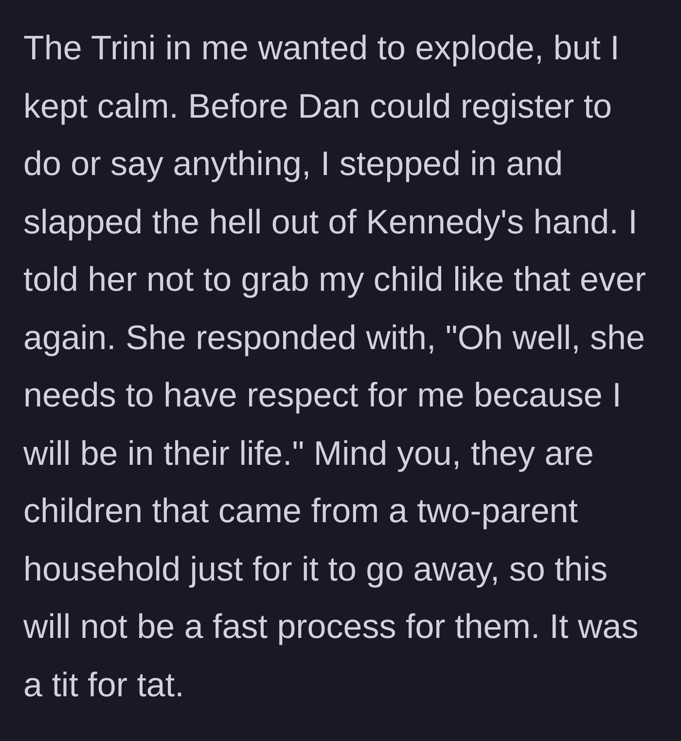 Story part 5 - The mother physically intervenes, slapping the affair partner's hand away to protect her child.