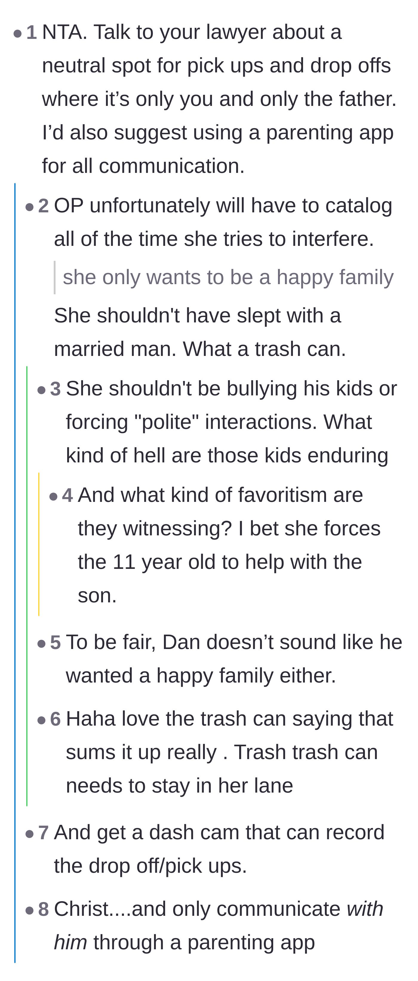 Comment thread 1 - Readers advise setting up a parenting app, using neutral drop-off locations, and questioning the physical safety of the children.