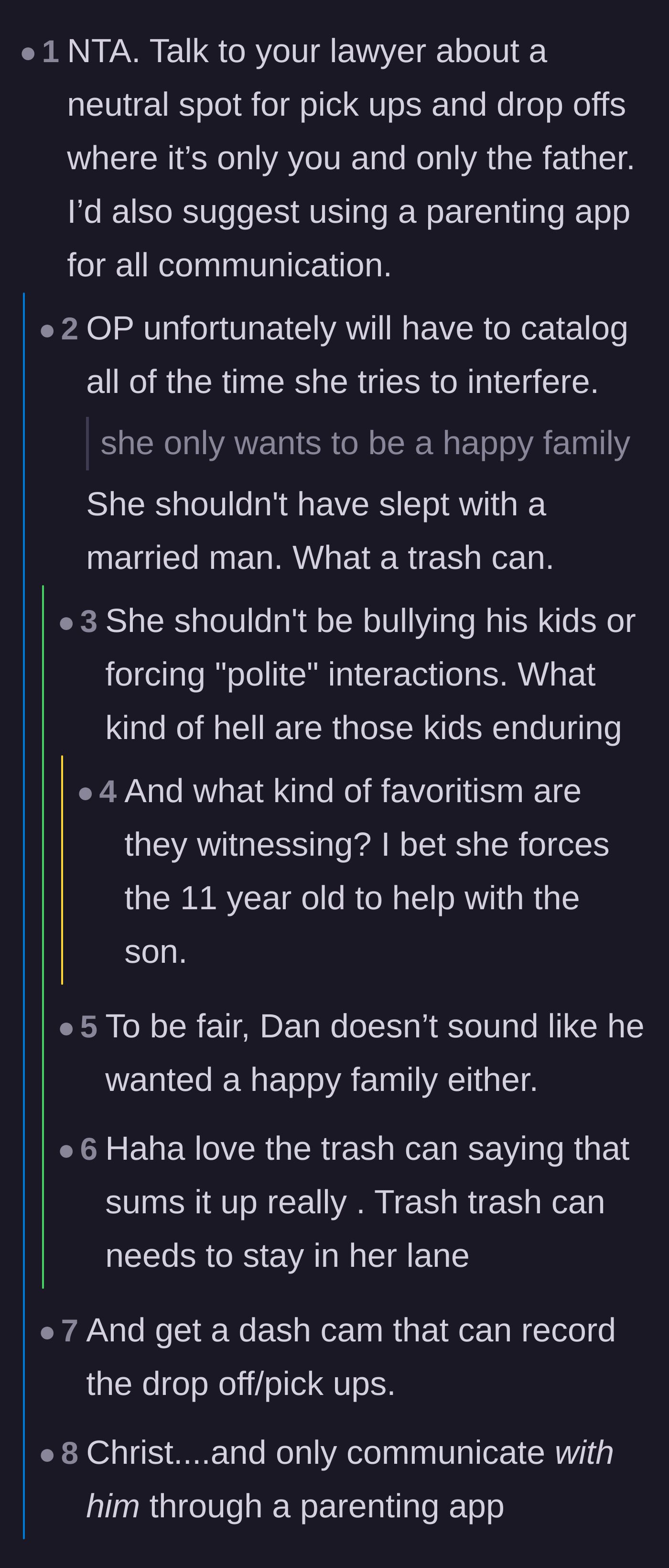 Comment thread 1 - Readers advise setting up a parenting app, using neutral drop-off locations, and questioning the physical safety of the children.
