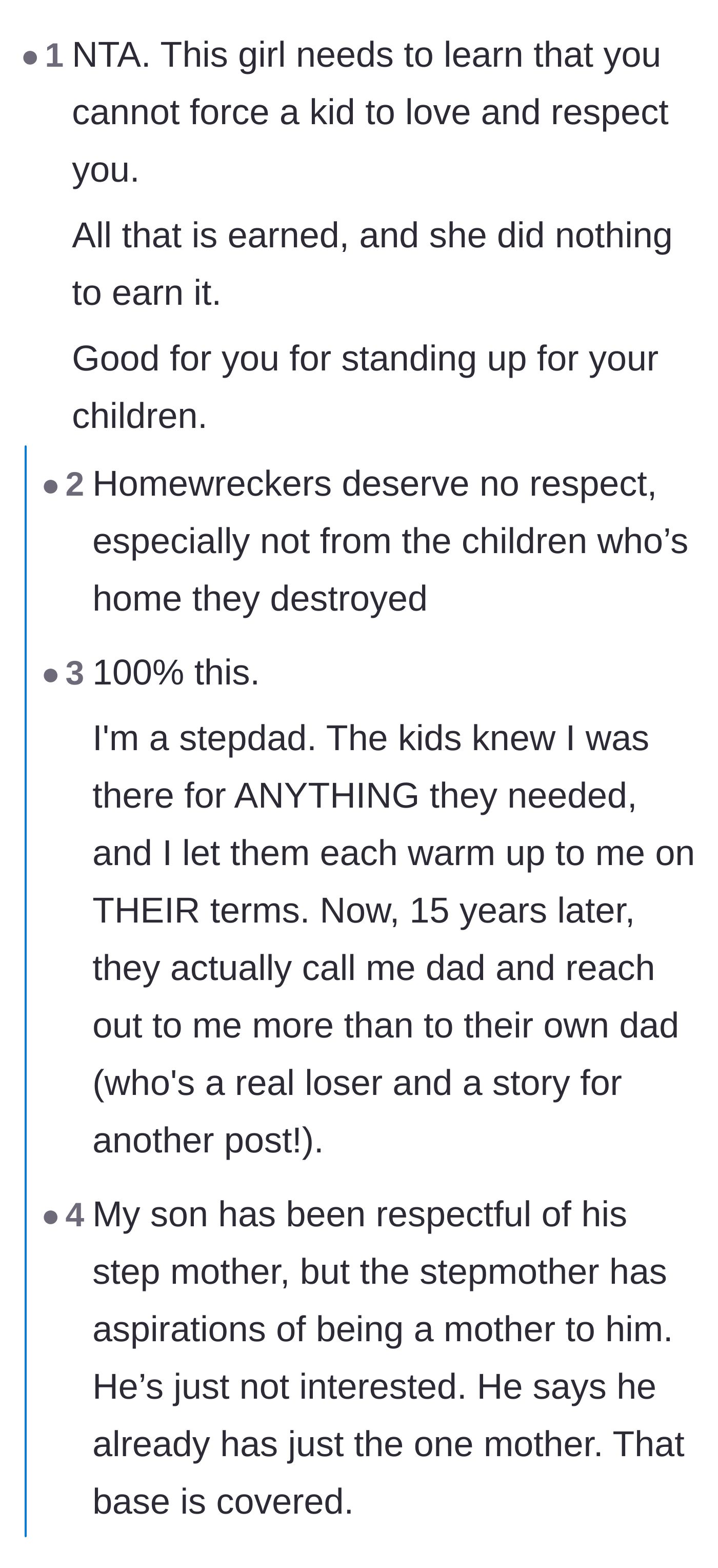Comment thread 2 - A step-parent explains that true family bonds are built on patience, while others agree that homewreckers do not automatically earn respect.