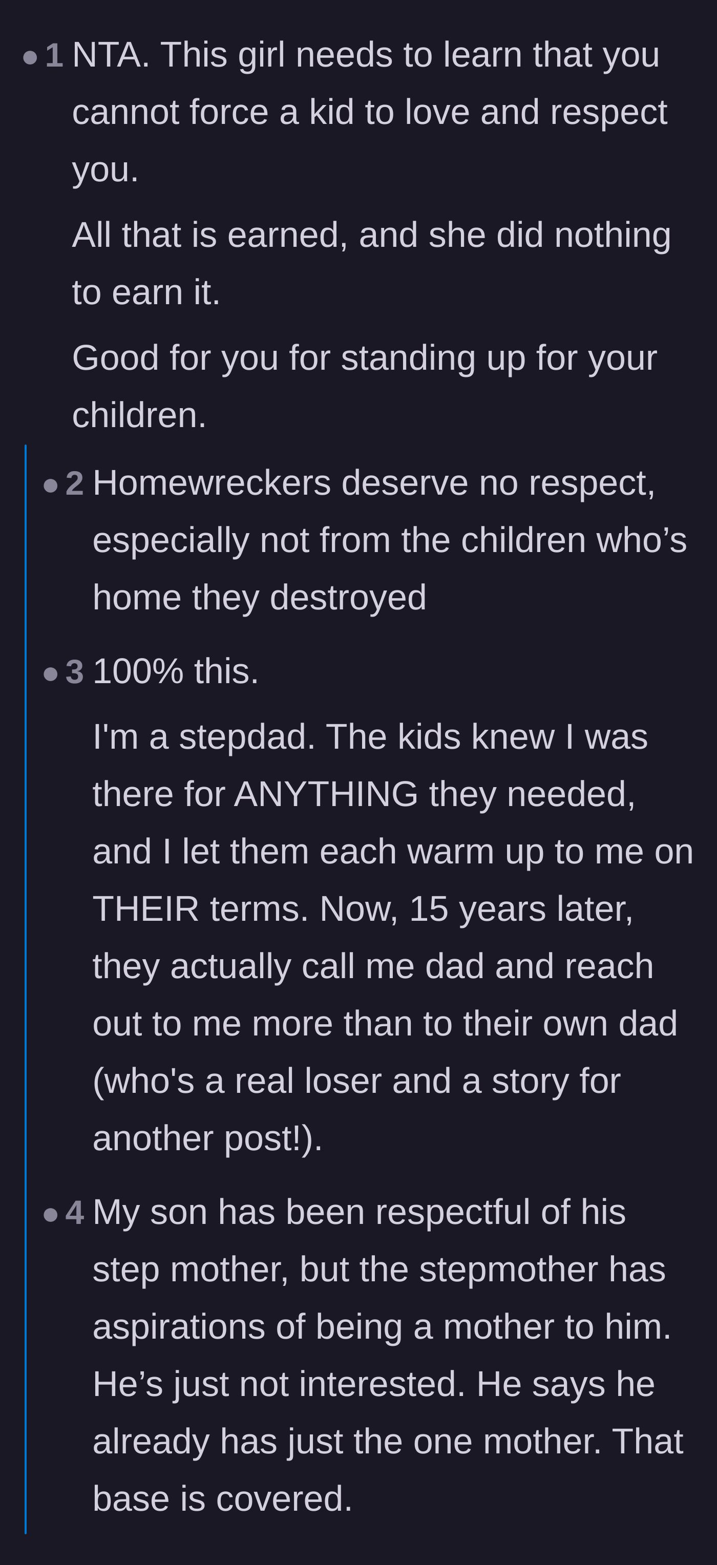 Comment thread 2 - A step-parent explains that true family bonds are built on patience, while others agree that homewreckers do not automatically earn respect.
