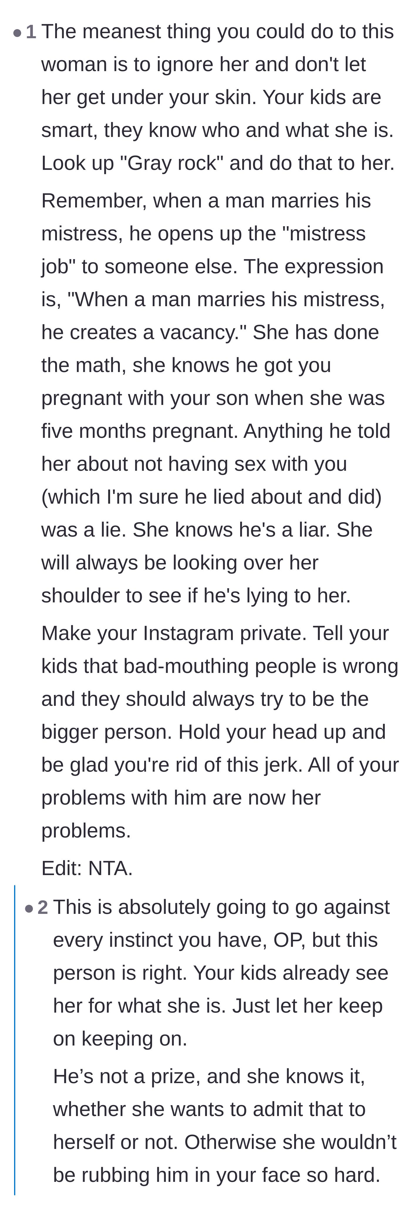 Comment thread 3 - Commenters recommend the 'gray rock' method and remind the mother that the affair partner is likely deeply insecure about being cheated on next.