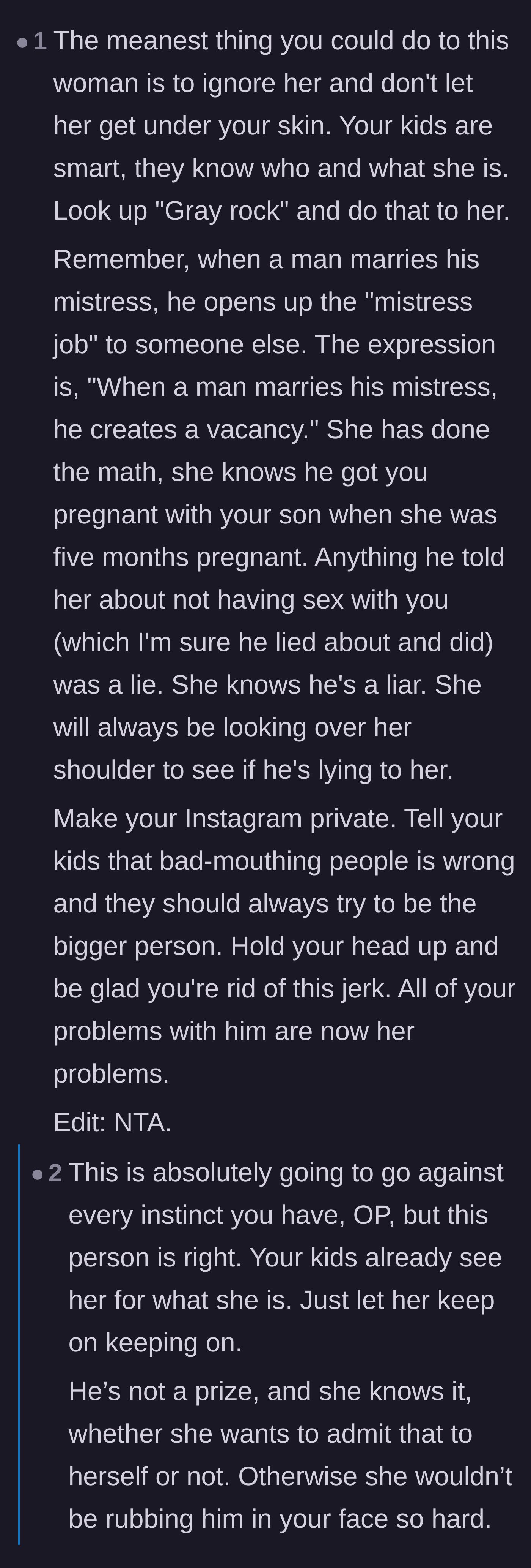 Comment thread 3 - Commenters recommend the 'gray rock' method and remind the mother that the affair partner is likely deeply insecure about being cheated on next.