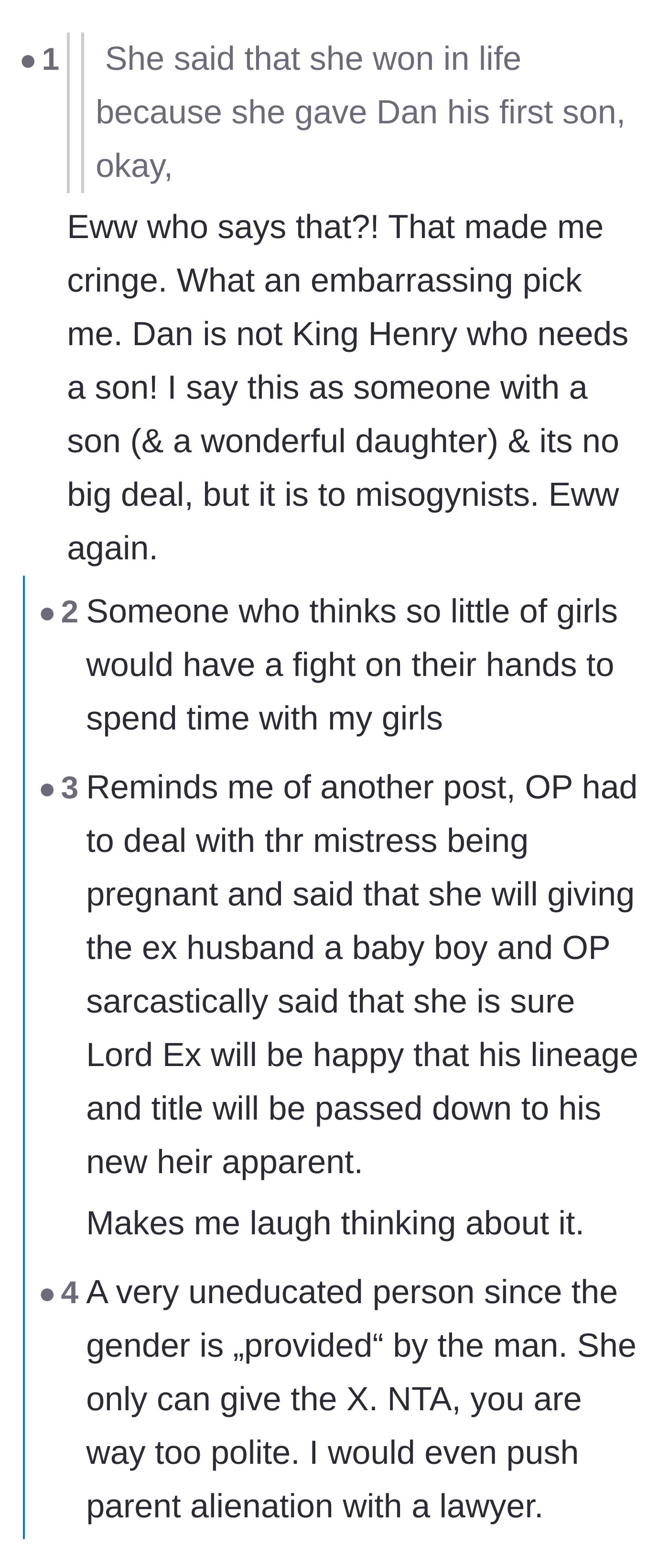 Comment thread 4 - Readers mock the affair partner's outdated flex about providing a male heir, comparing the ex-husband to a medieval king.